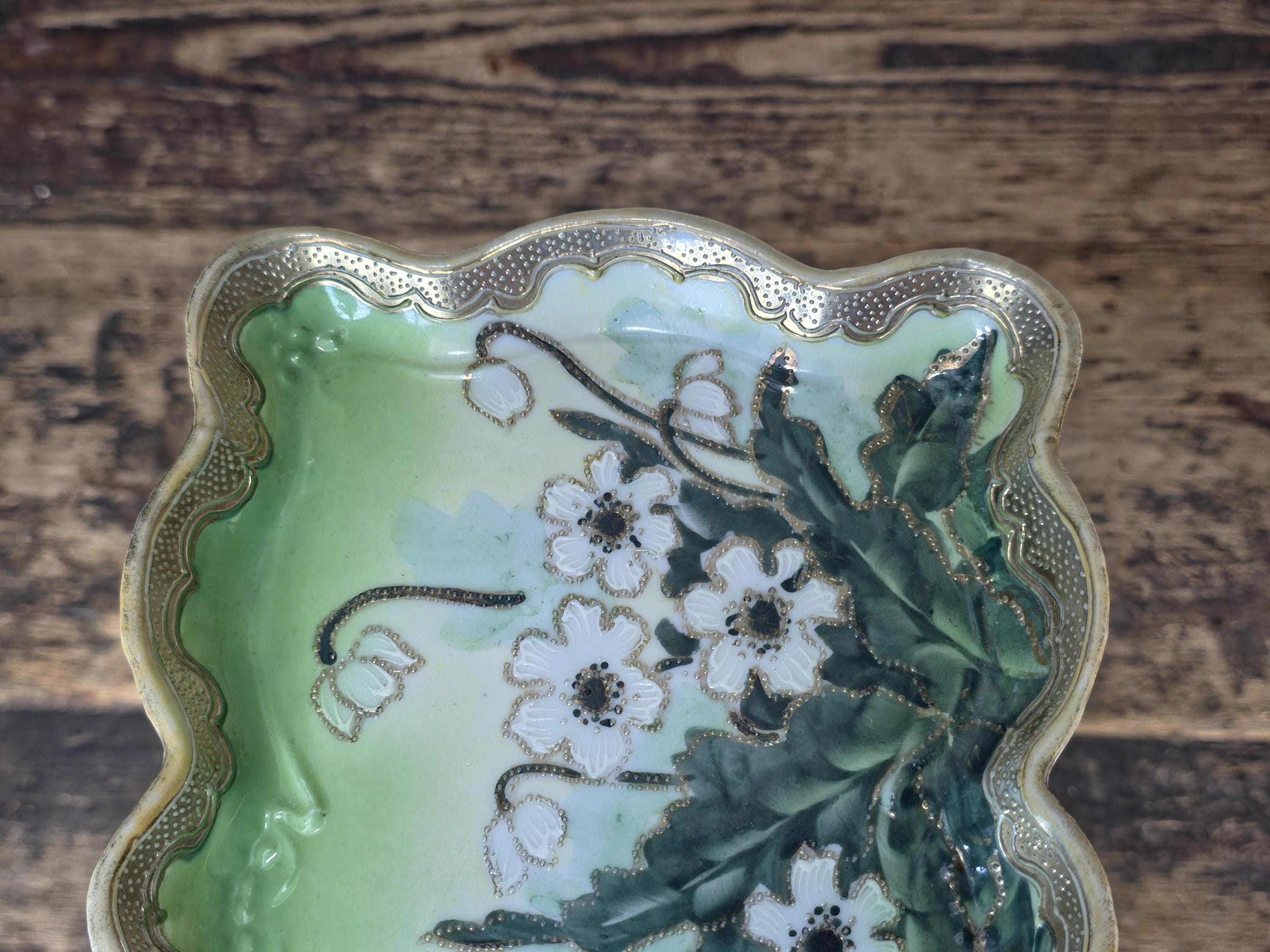 Hand Painted Nippon Style Moriage Tray, Floral Gold Gilt Porcelain 8.25" × 5.25"