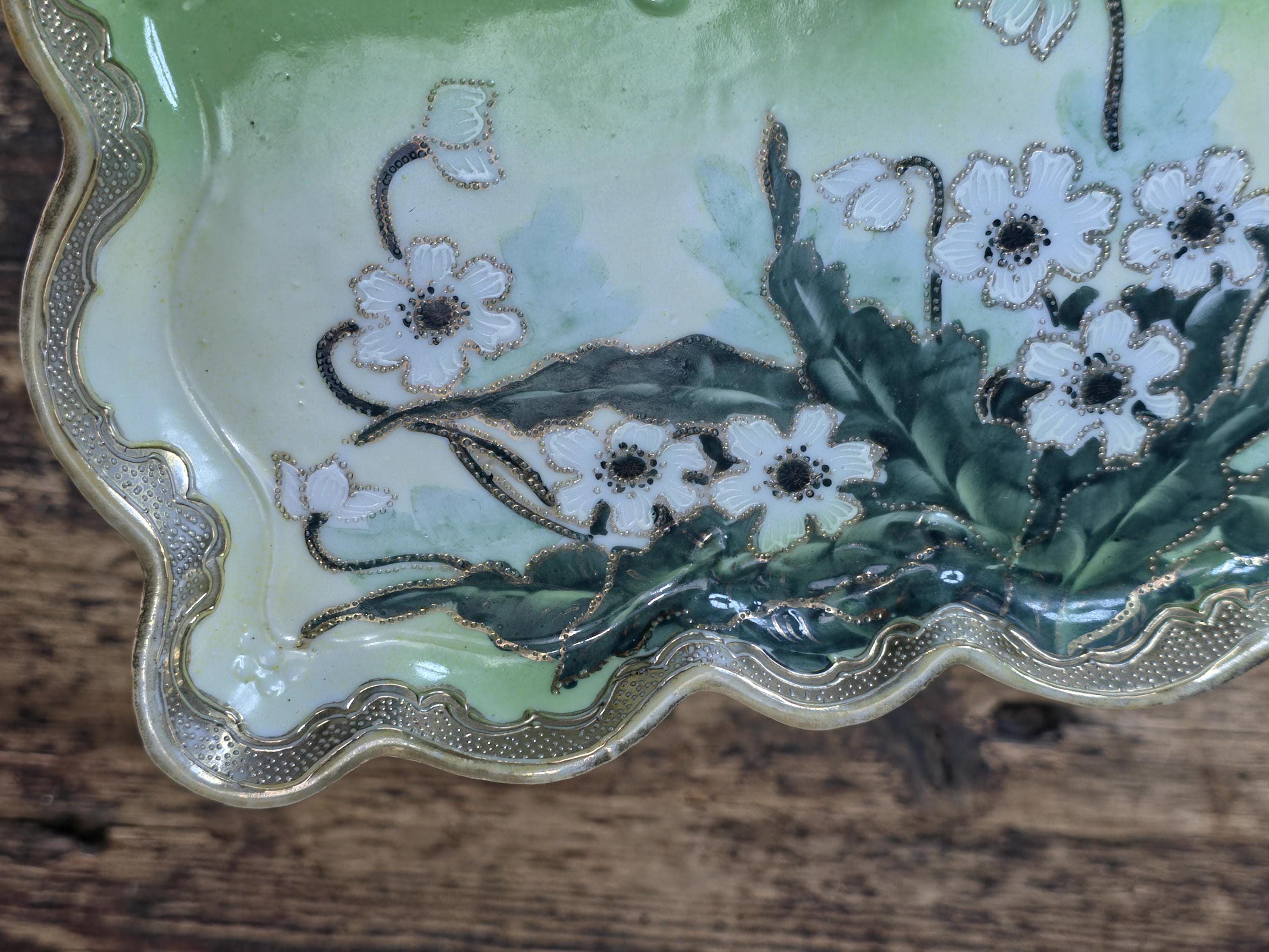 Hand Painted Nippon Style Moriage Tray, Floral Gold Gilt Porcelain 8.25" × 5.25"
