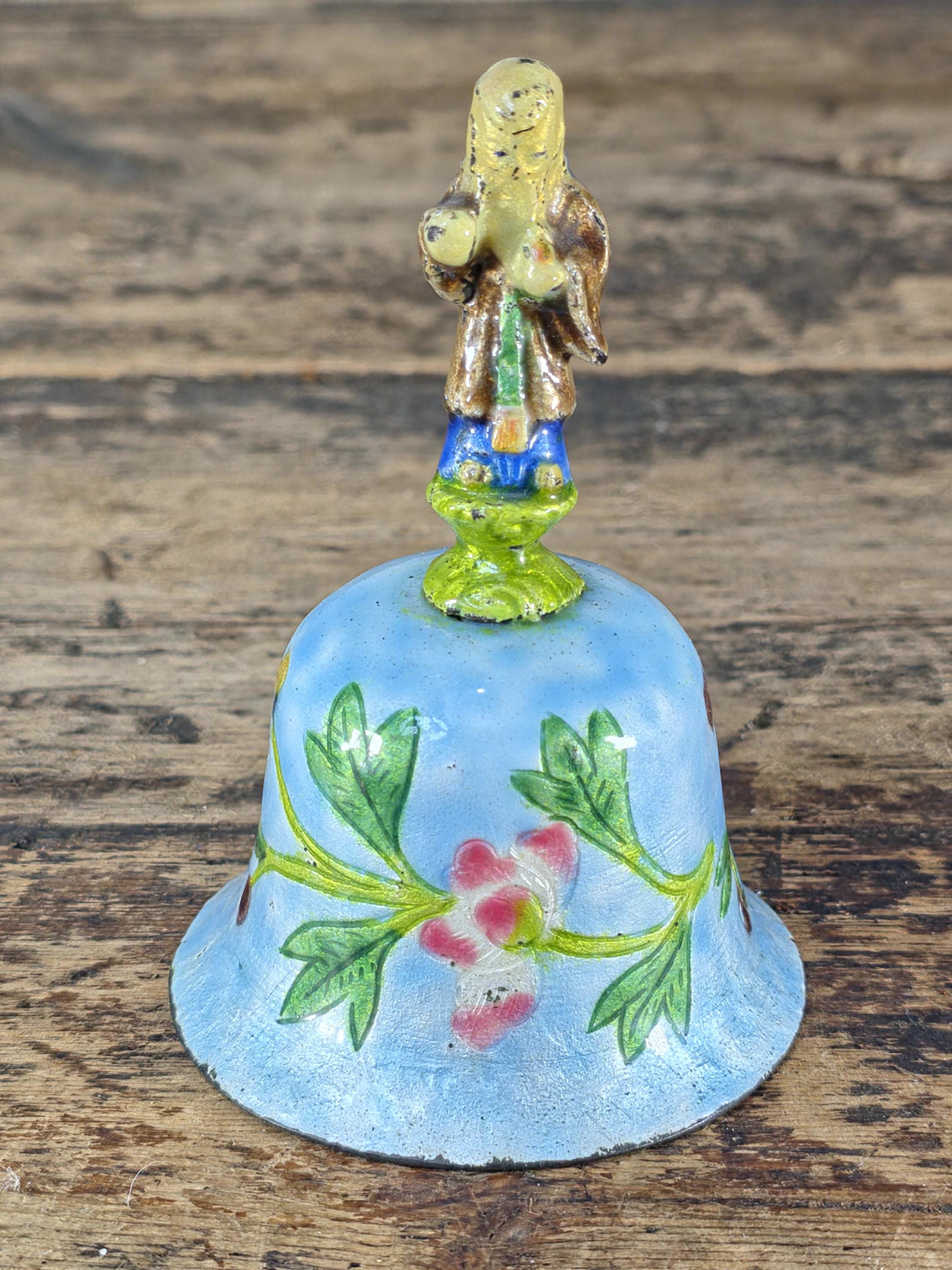 Vintage Hand Painted Enamel Metal Bell with Figure Handle, Marked CHINA