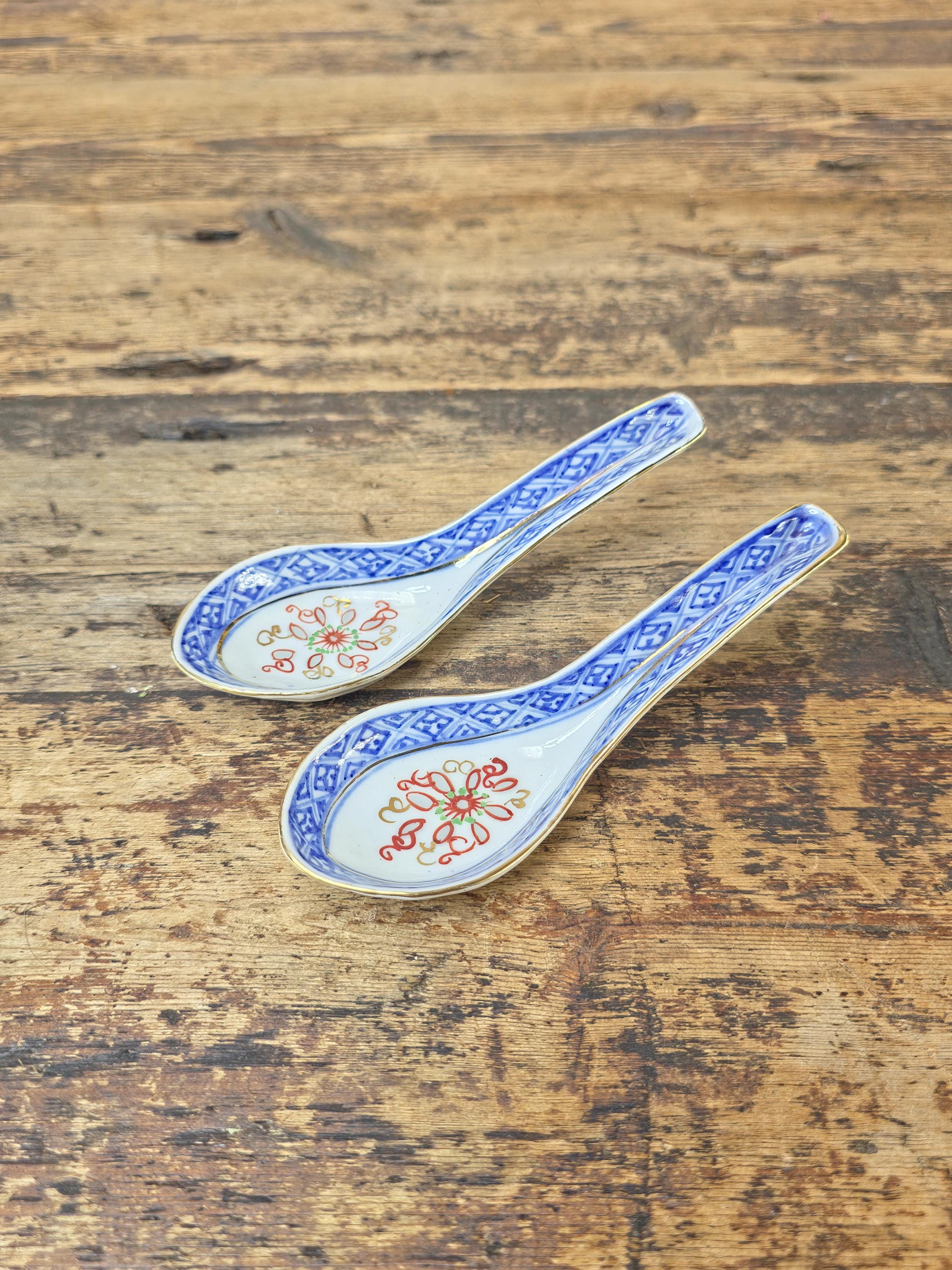 Vintage Chinese Porcelain Spoons Pair Blue White Red Gold 5.5"
