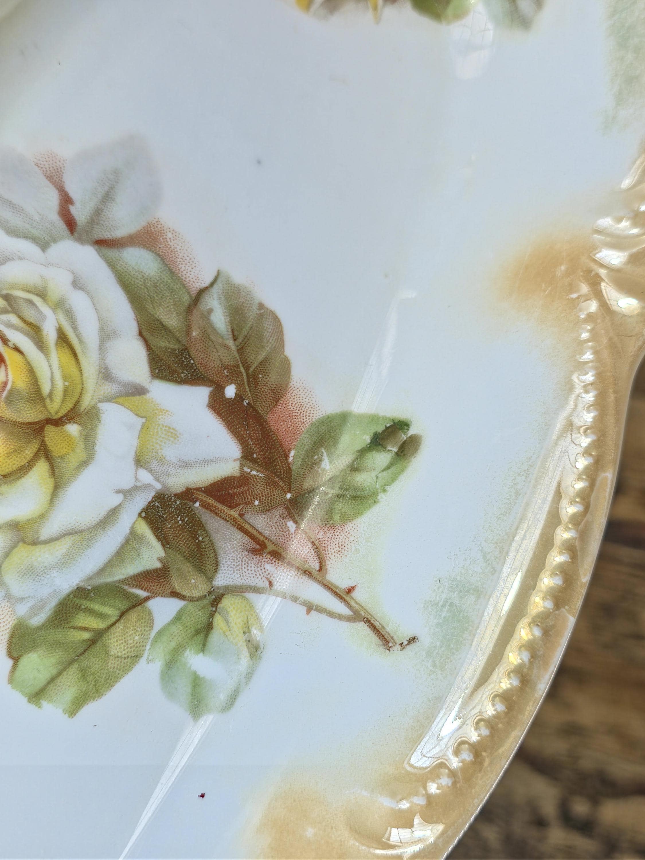 Antique PK Silesia Porcelain Oval Handled Tray Yellow Roses 12.25"