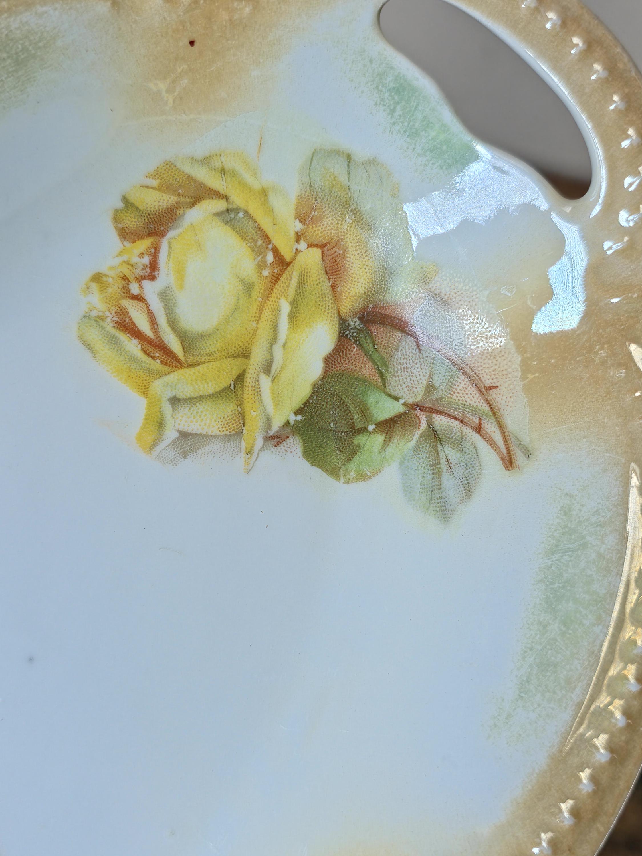 Antique PK Silesia Porcelain Oval Handled Tray Yellow Roses 12.25"