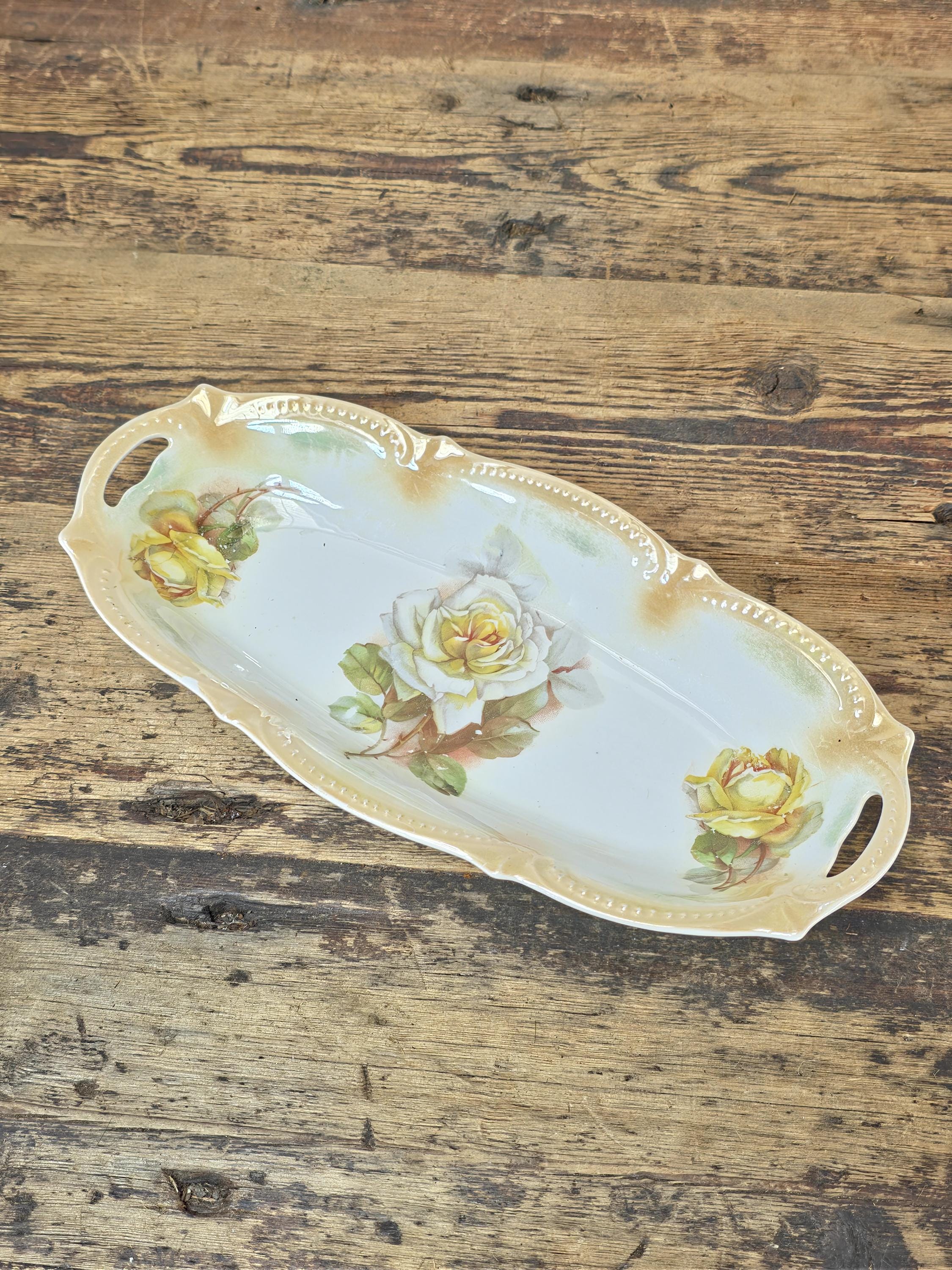 Antique PK Silesia Porcelain Oval Handled Tray Yellow Roses 12.25"