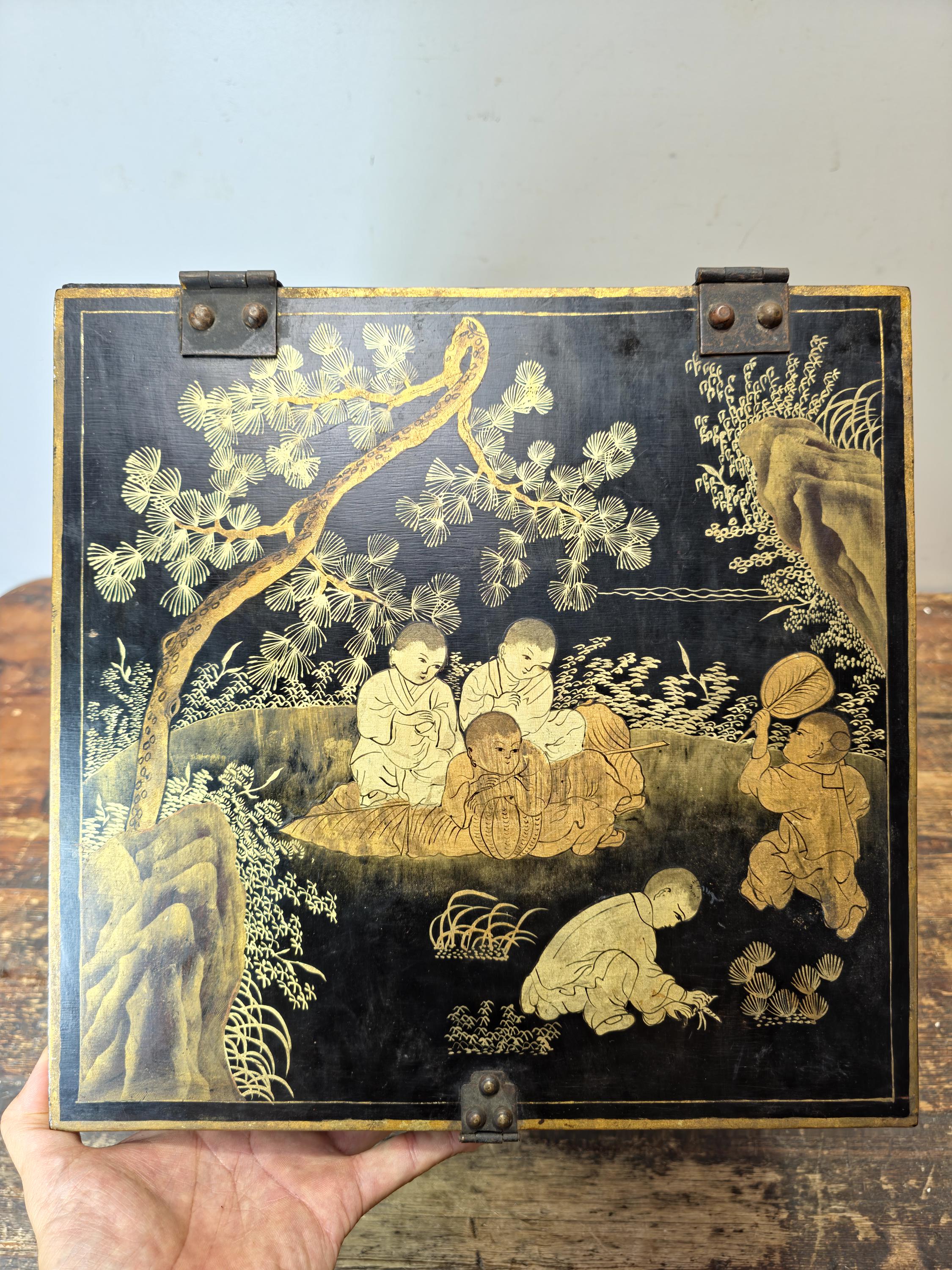 Chinese Antique Lacquer Box, Hundred Boys Motif, Drawers & Lift-Top 14.5"H