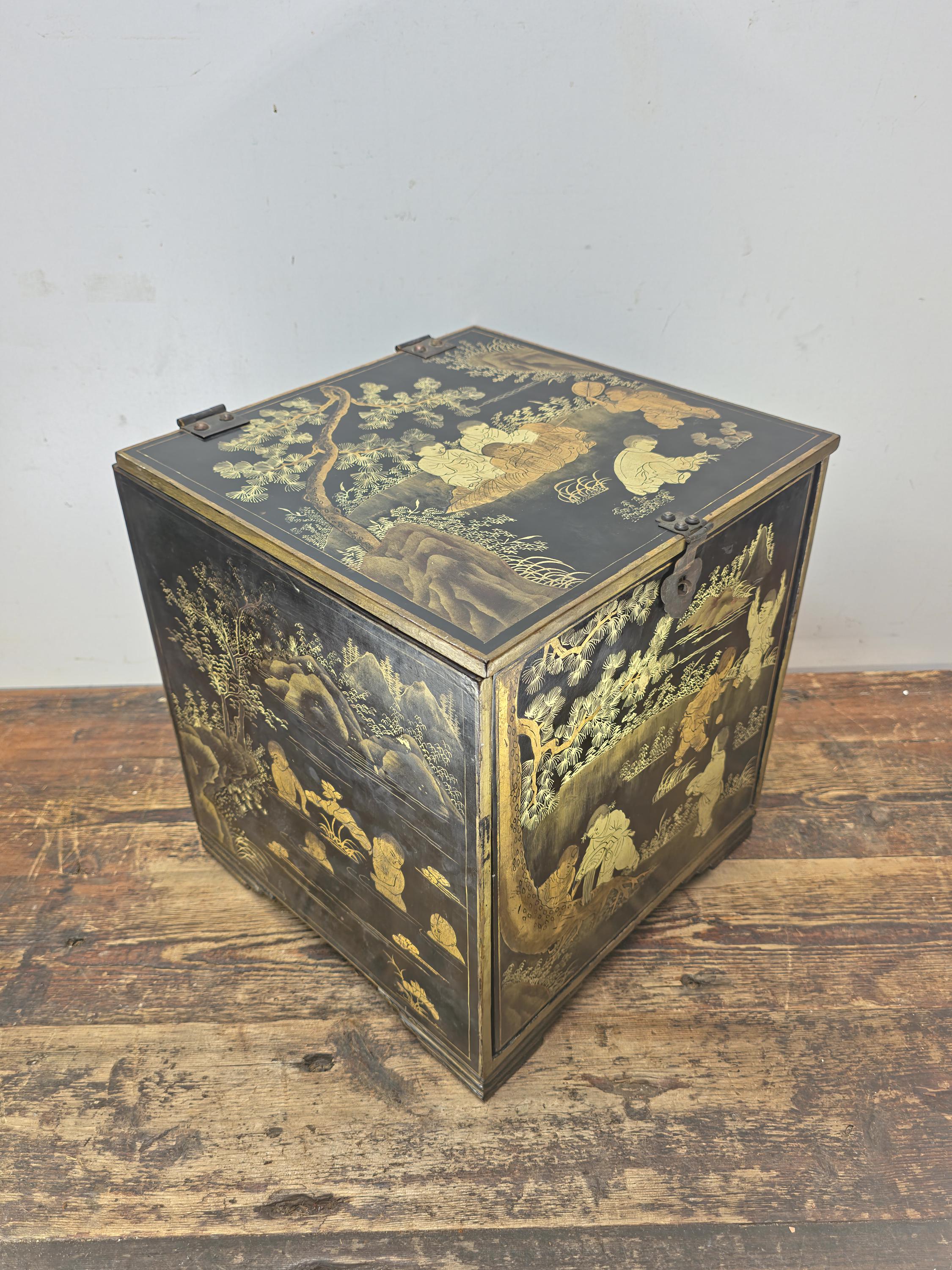 Chinese Antique Lacquer Box, Hundred Boys Motif, Drawers & Lift-Top 14.5"H