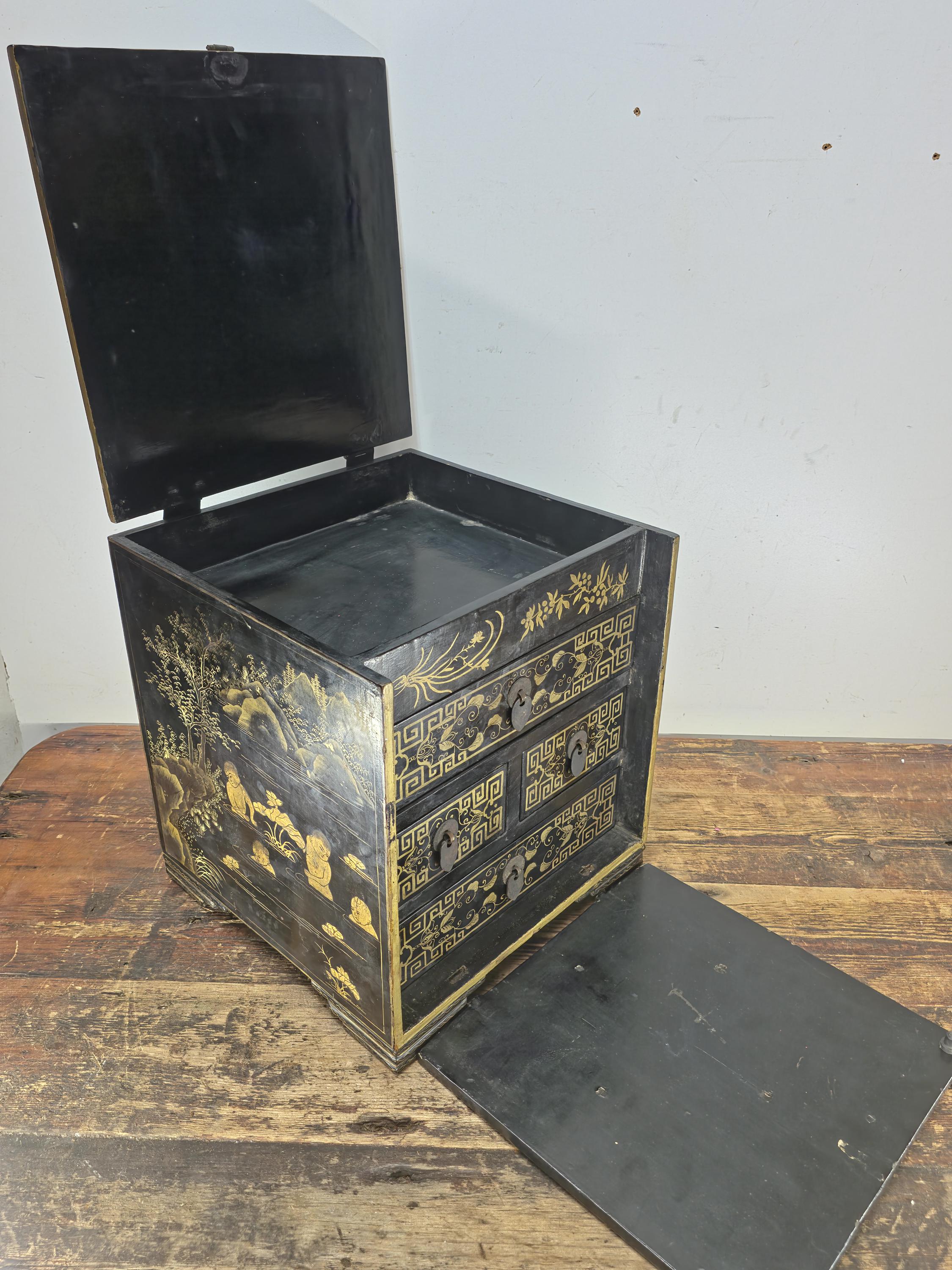 Chinese Antique Lacquer Box, Hundred Boys Motif, Drawers & Lift-Top 14.5"H