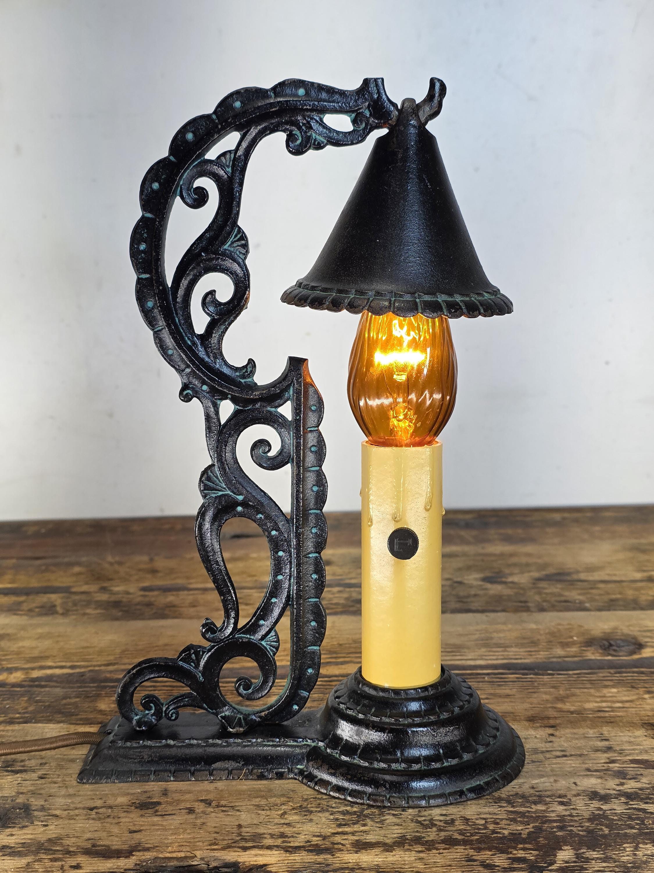 c.1920s Boudoir-Size Cast Iron Candle Lamp w / Hammered Smoke-Bell Shade
