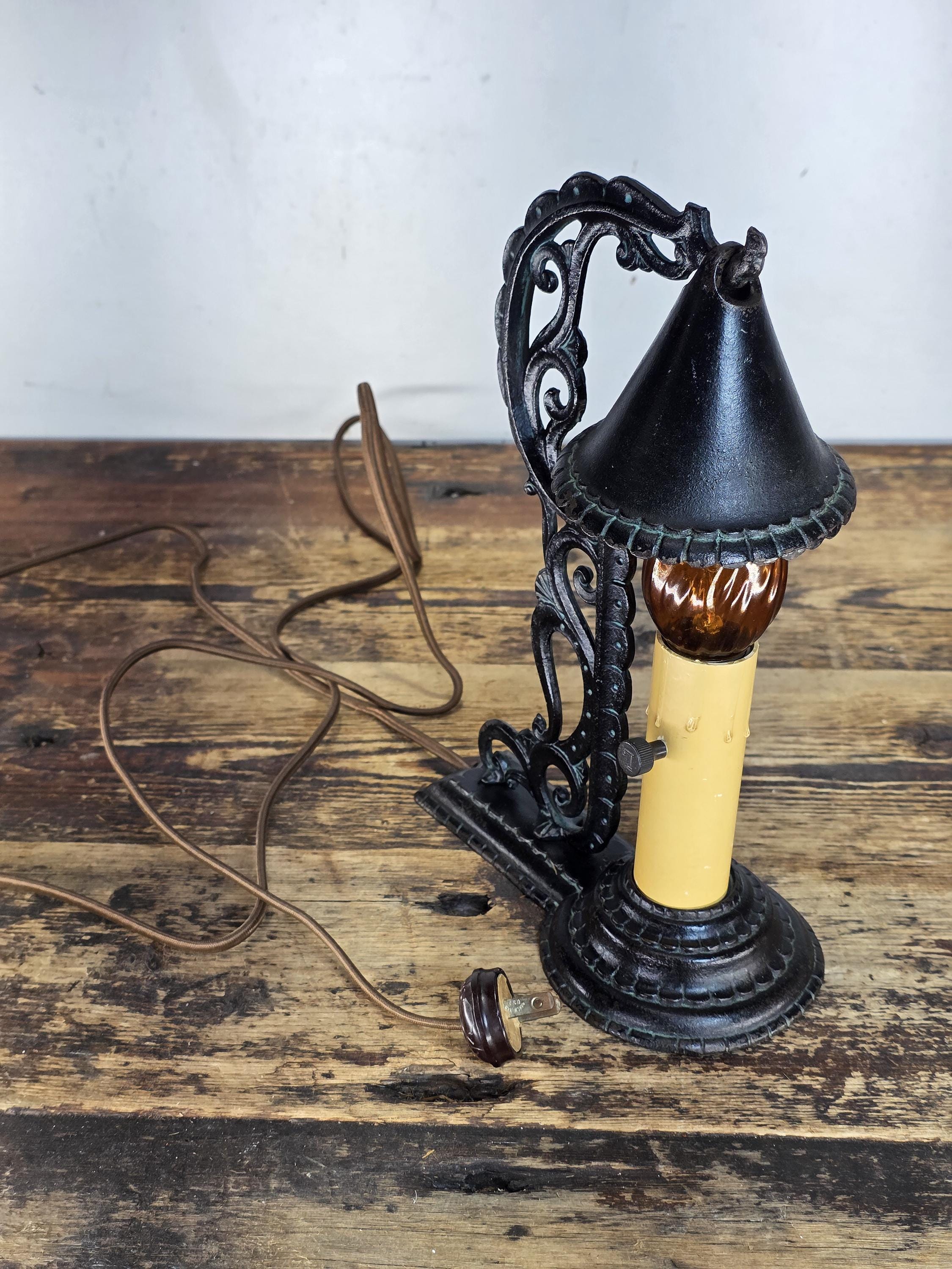 c.1920s Boudoir-Size Cast Iron Candle Lamp w / Hammered Smoke-Bell Shade