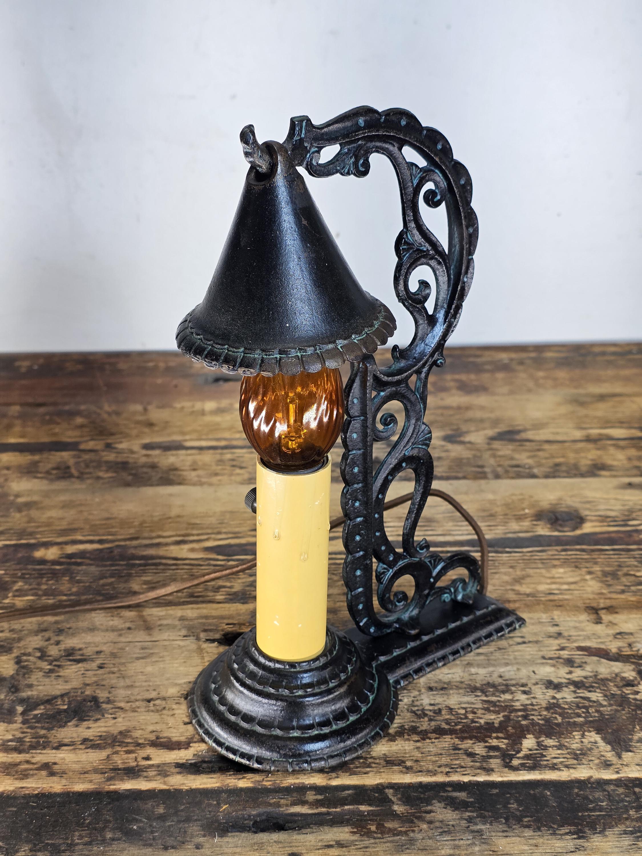 c.1920s Boudoir-Size Cast Iron Candle Lamp w / Hammered Smoke-Bell Shade