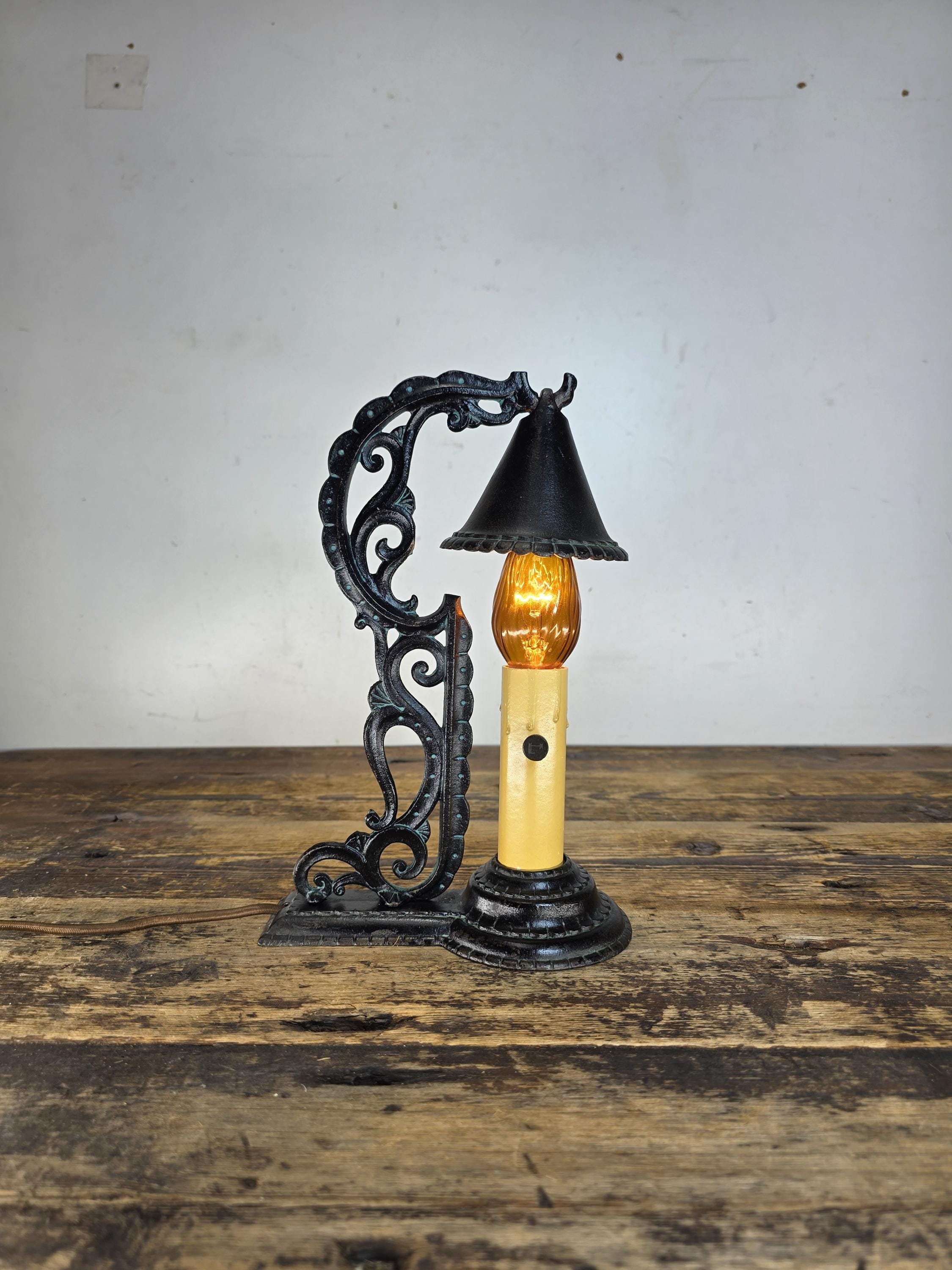 c.1920s Boudoir-Size Cast Iron Candle Lamp w / Hammered Smoke-Bell Shade