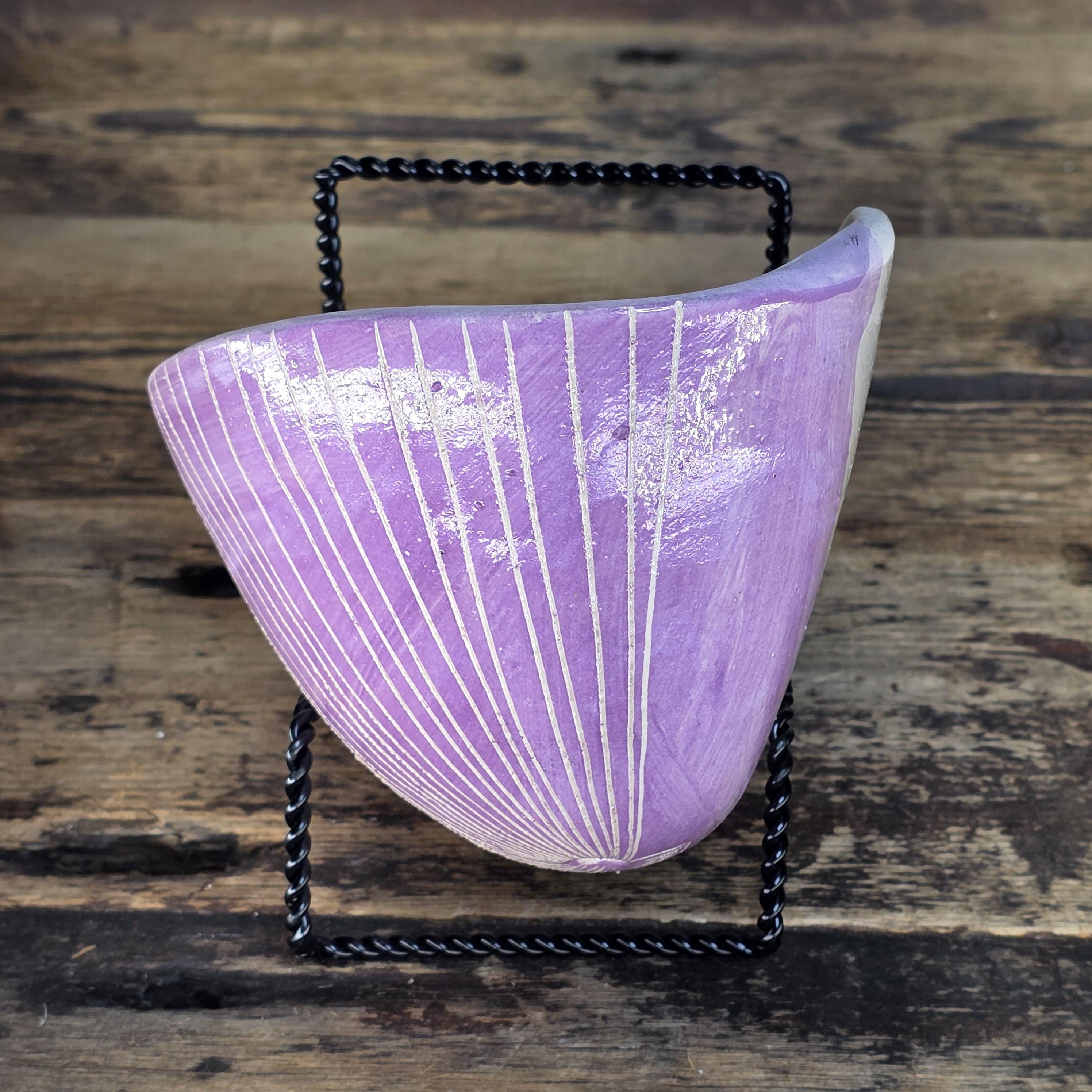 Handmade Terracotta Wall Pocket Wall Planter (Purple, Sgraffito Vertical Lines)