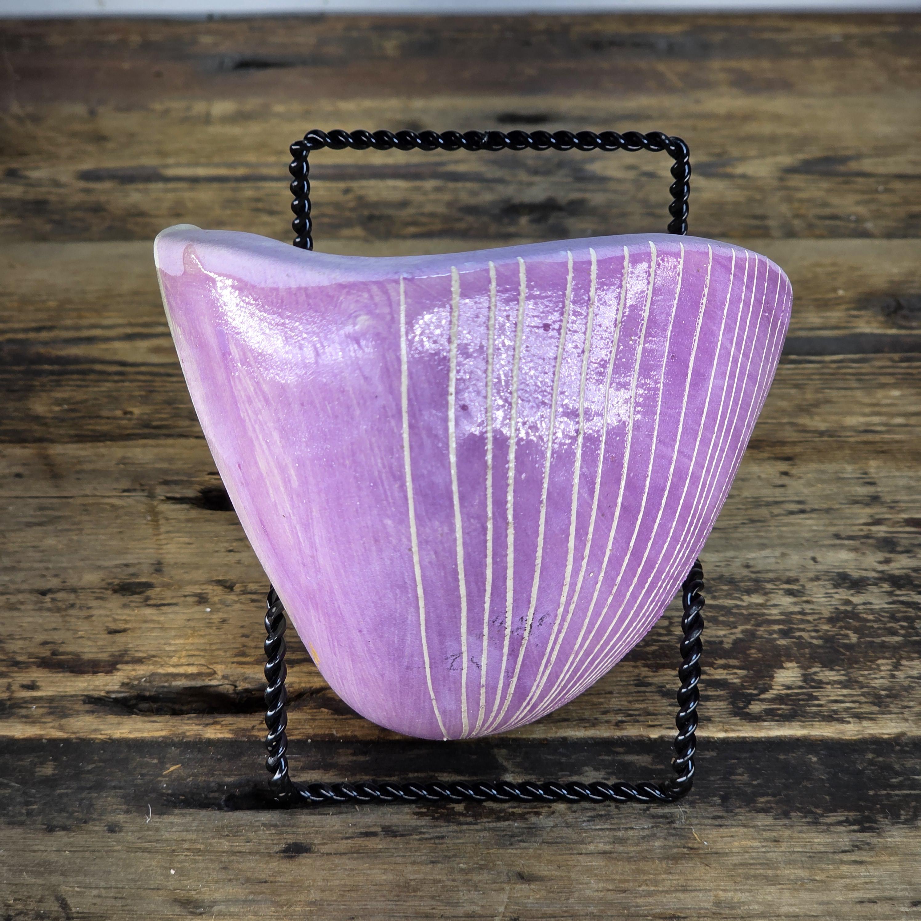 Handmade Terracotta Wall Pocket Wall Planter (Purple, Sgraffito Vertical Lines)