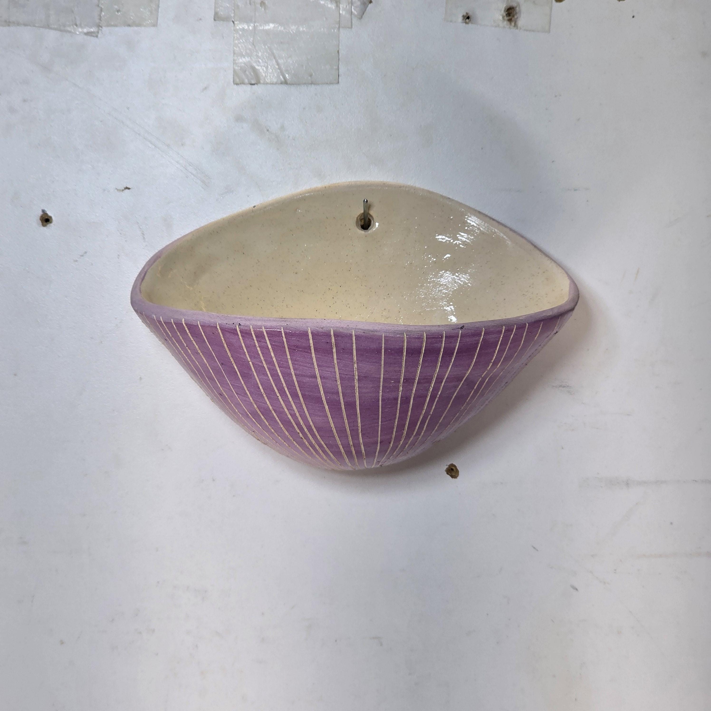 Handmade Terracotta Wall Pocket Wall Planter (Purple, Sgraffito Vertical Lines)