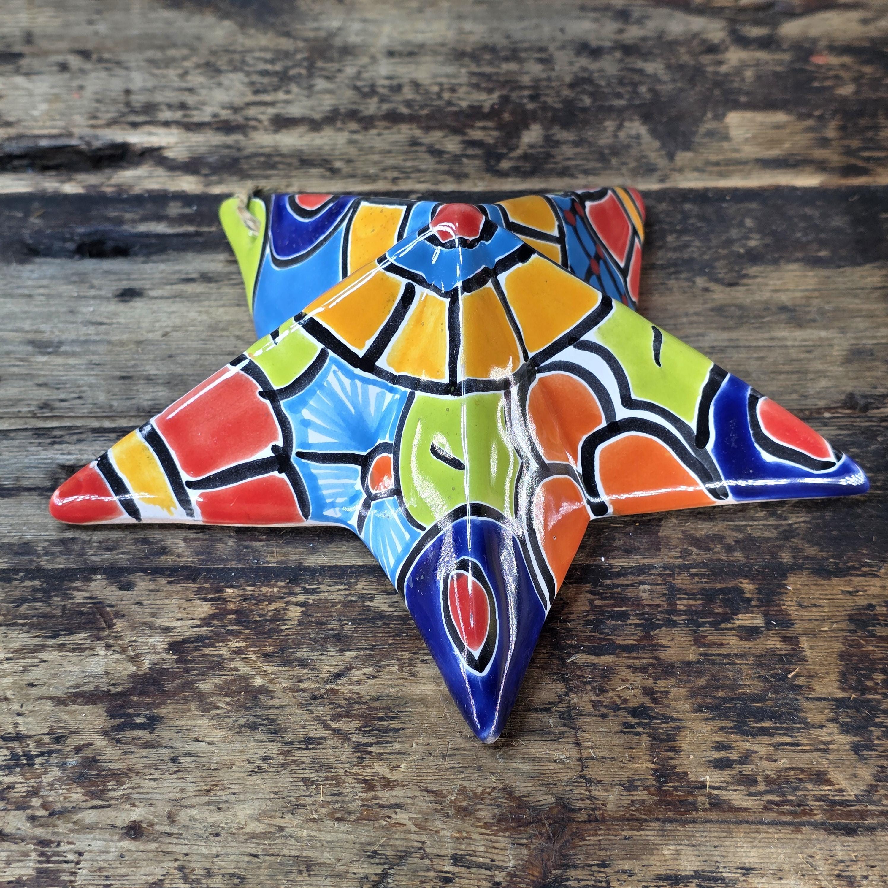 Hand-Painted Talavera Star Estrella Wall Hanging Ceramic Ornament – 7"