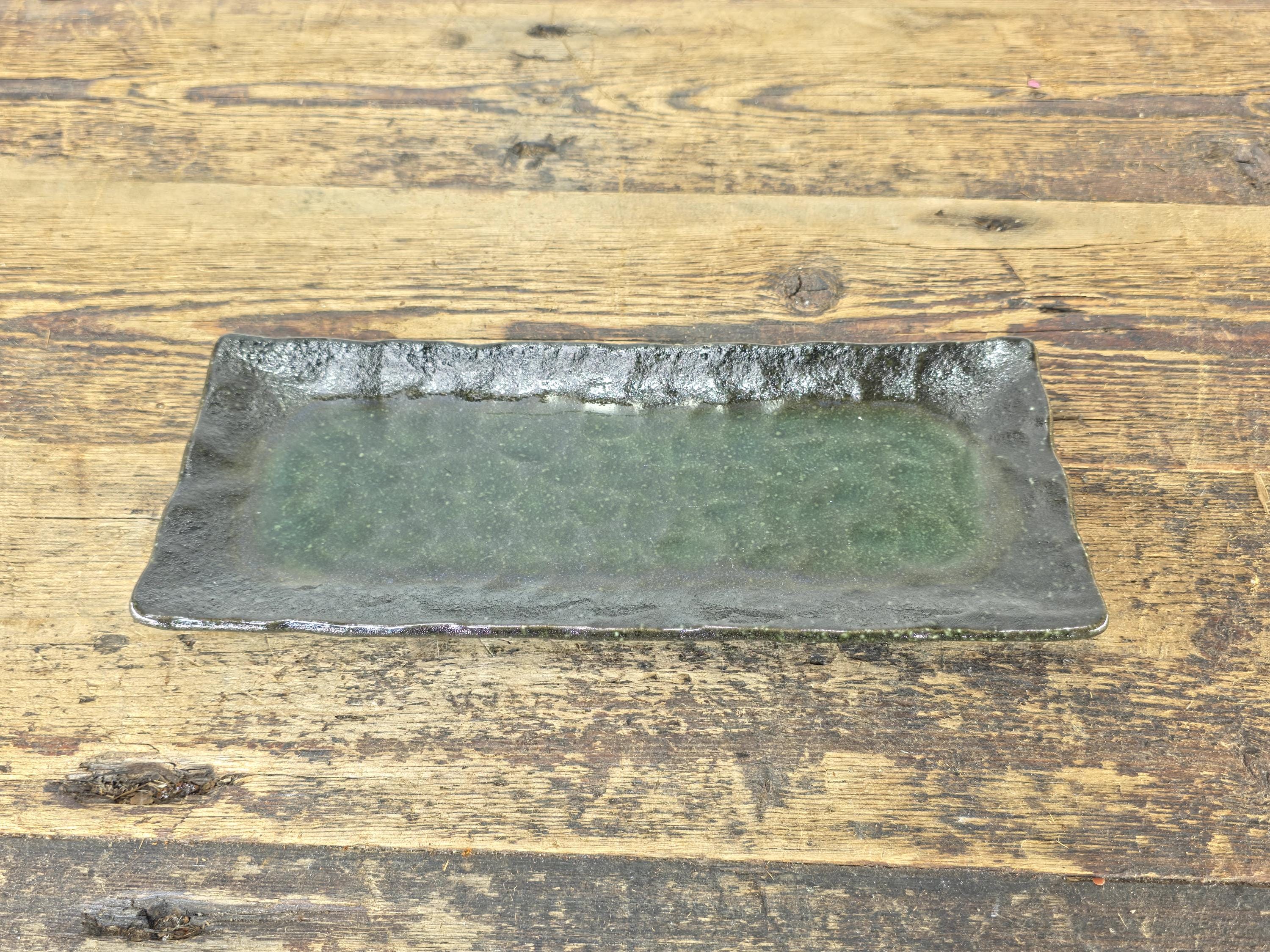 Japanese Mino Ware Rectangular Sushi Plate Green Brown Glaze 11.25" Japan