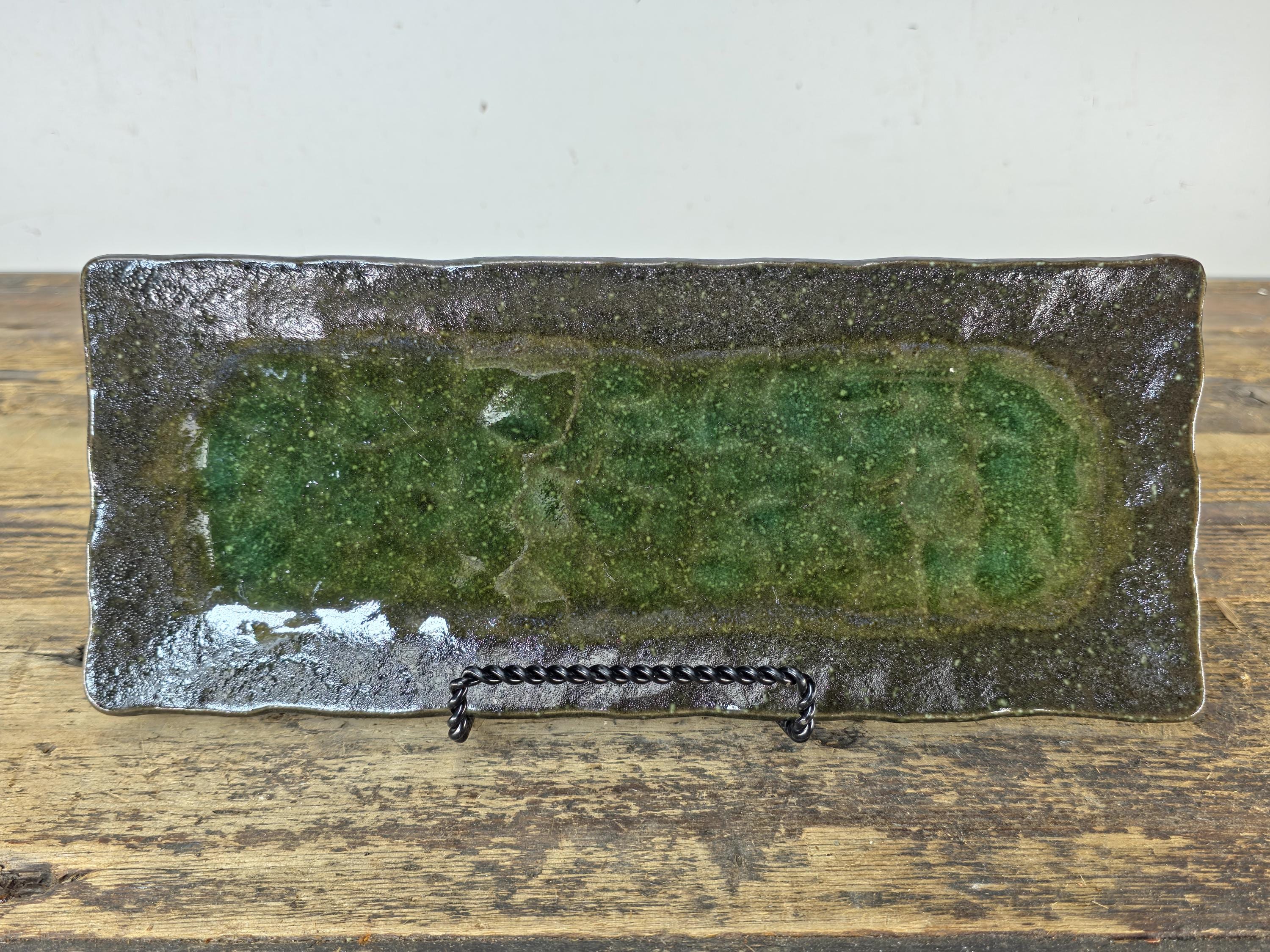 Japanese Mino Ware Rectangular Sushi Plate Green Brown Glaze 11.25" Japan