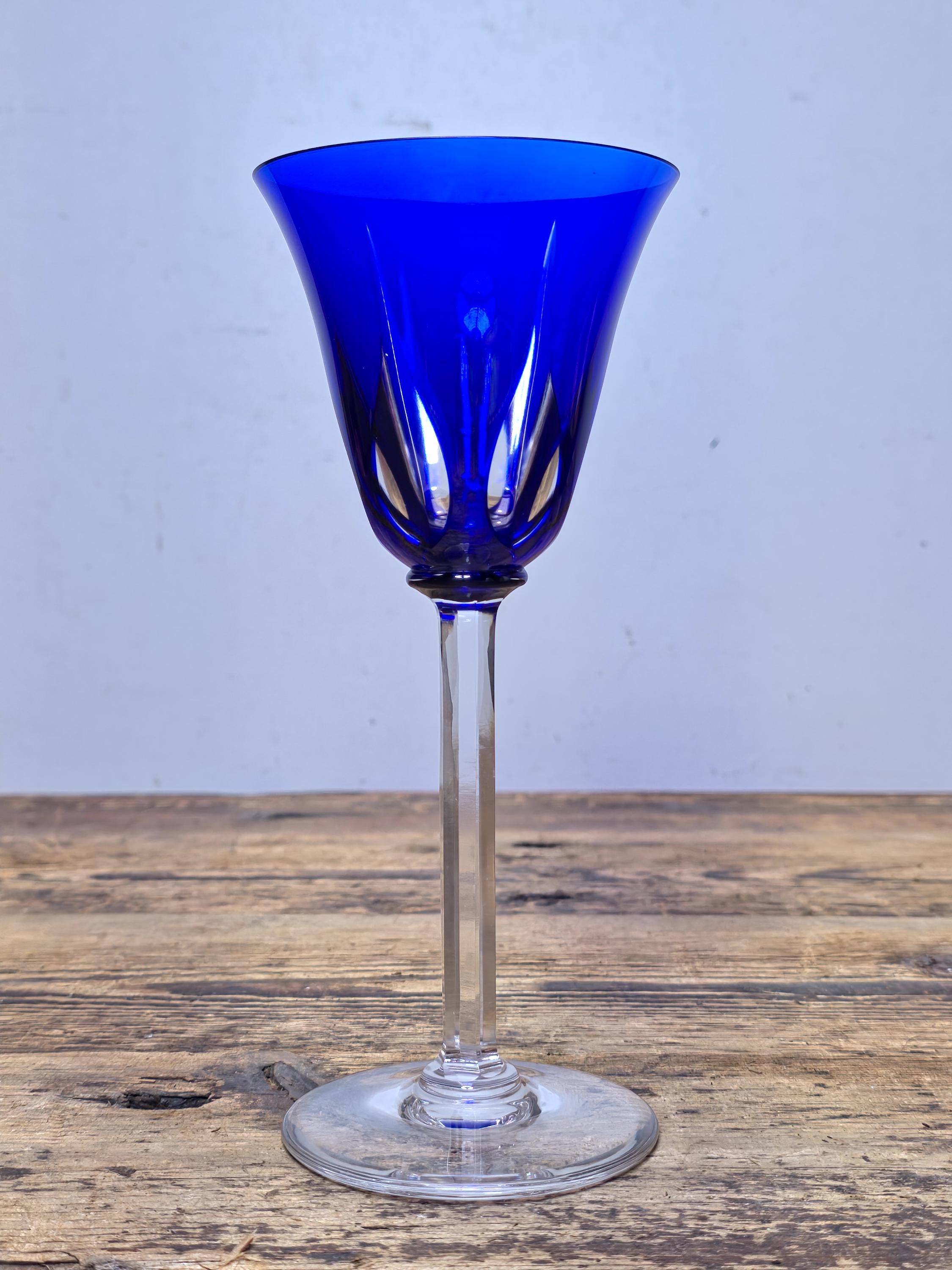 Saint Louis France Crystal Wine Glass Cerdagne Pattern Cobalt Blue 7 3/4”