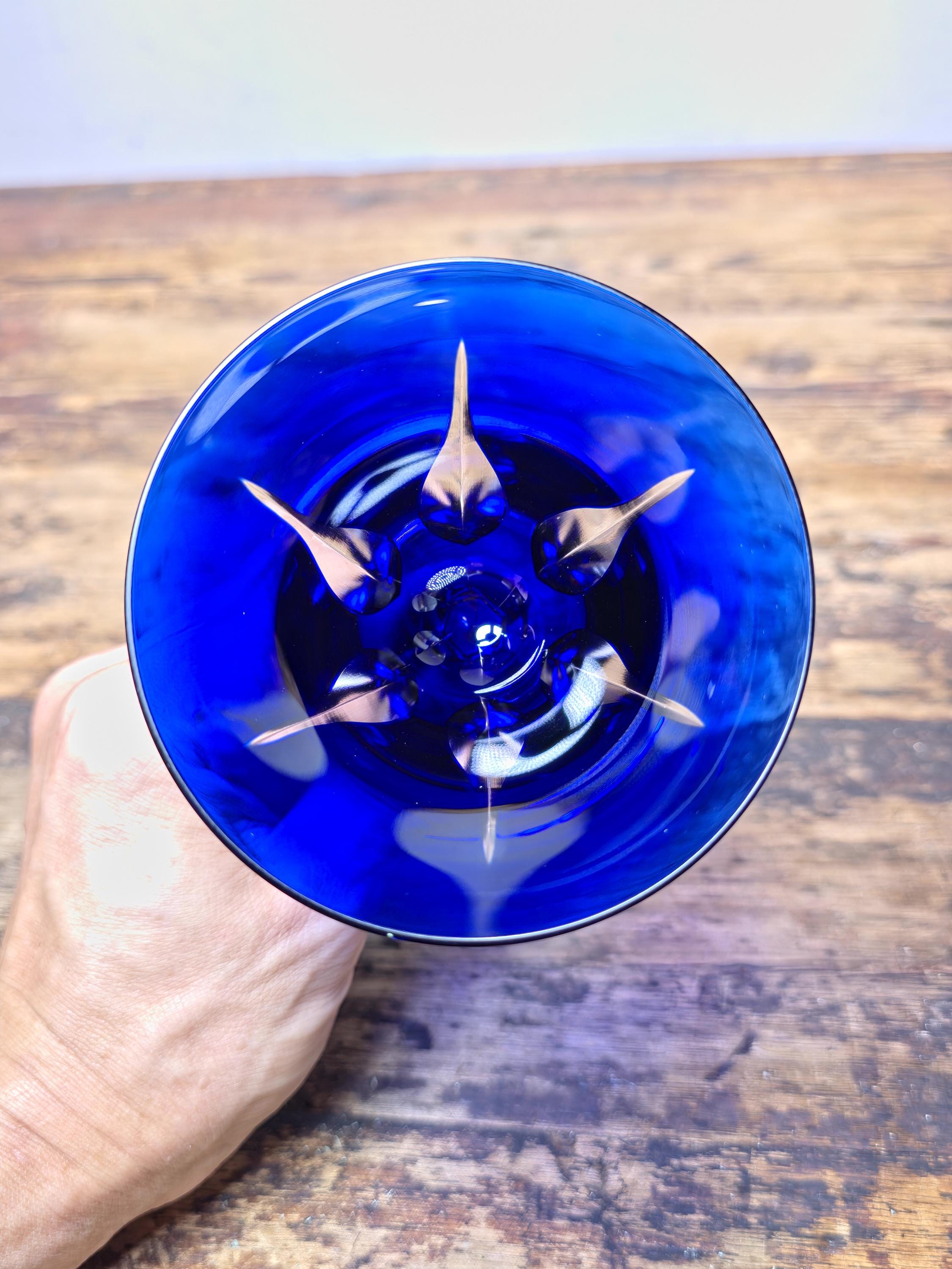 Saint Louis France Crystal Wine Glass Cerdagne Pattern Cobalt Blue 7 3/4”