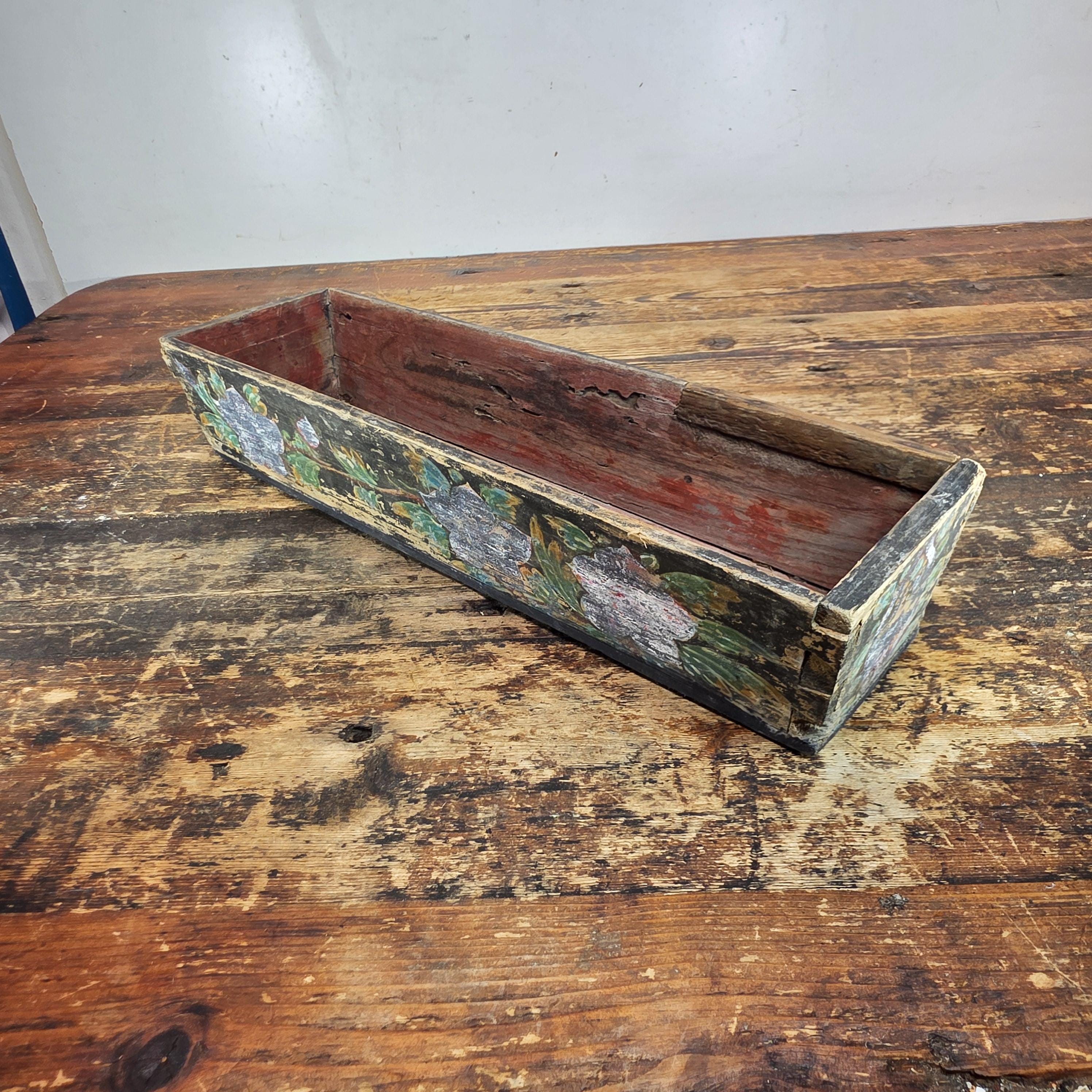 Antique Folk Art Hand-Painted Wooden Box (Floral Motif / Early 1900s) 18"L × 5"W