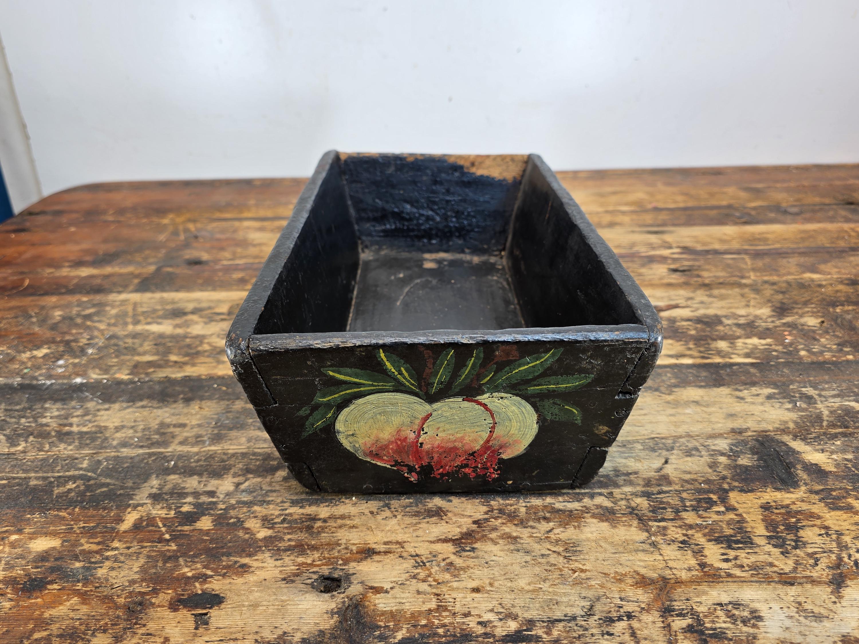 Antique Hand-Painted Wooden Box with Floral and Fruit Motif 15"L x 7.75"W