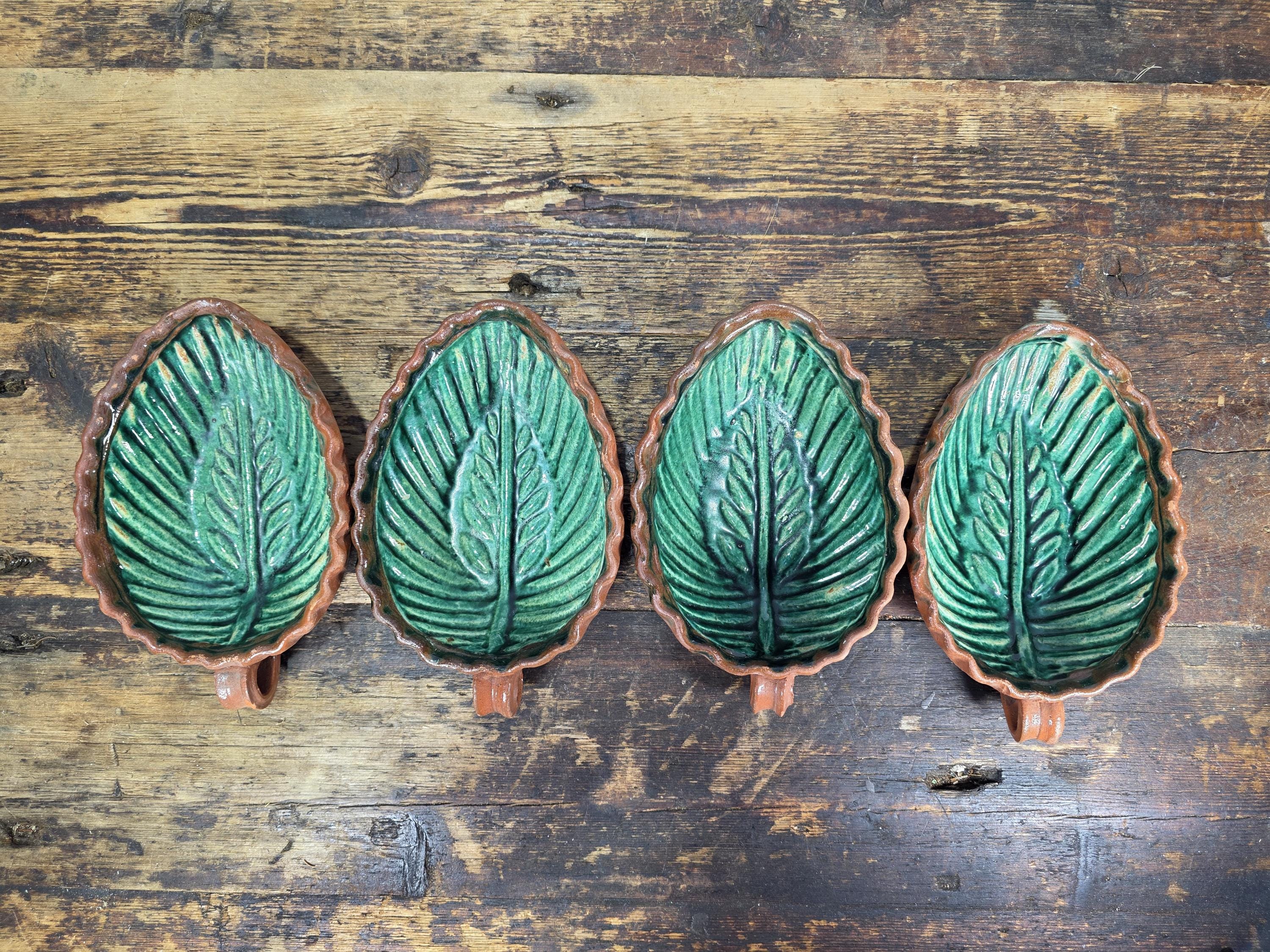 Set of 4 Vintage Patamban Barro Verde Leaf Bowls Green Glazed Mexican Pottery