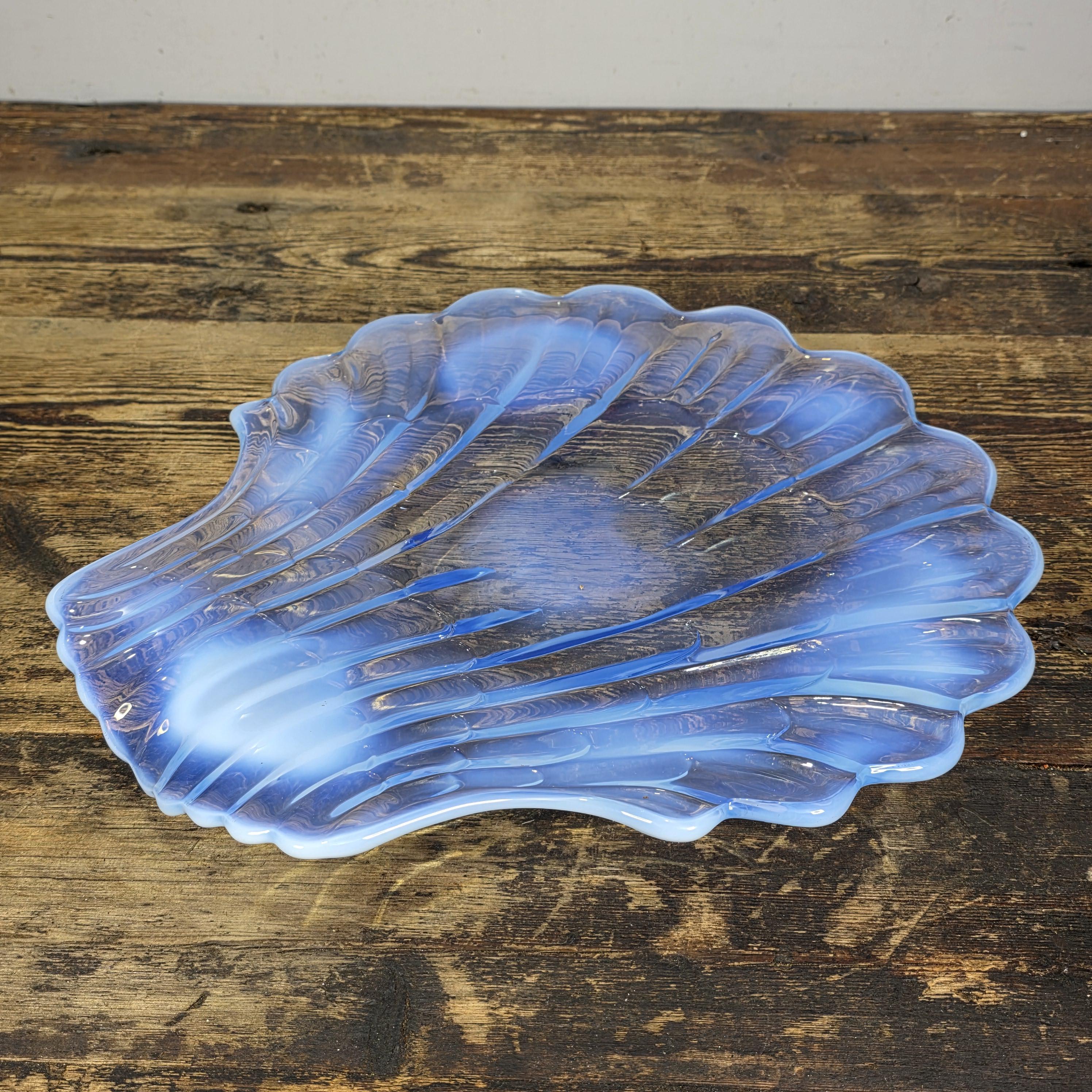 Large Opalescent Blue Glass Shell Platter, Attributed to Duncan & Miller 15"L