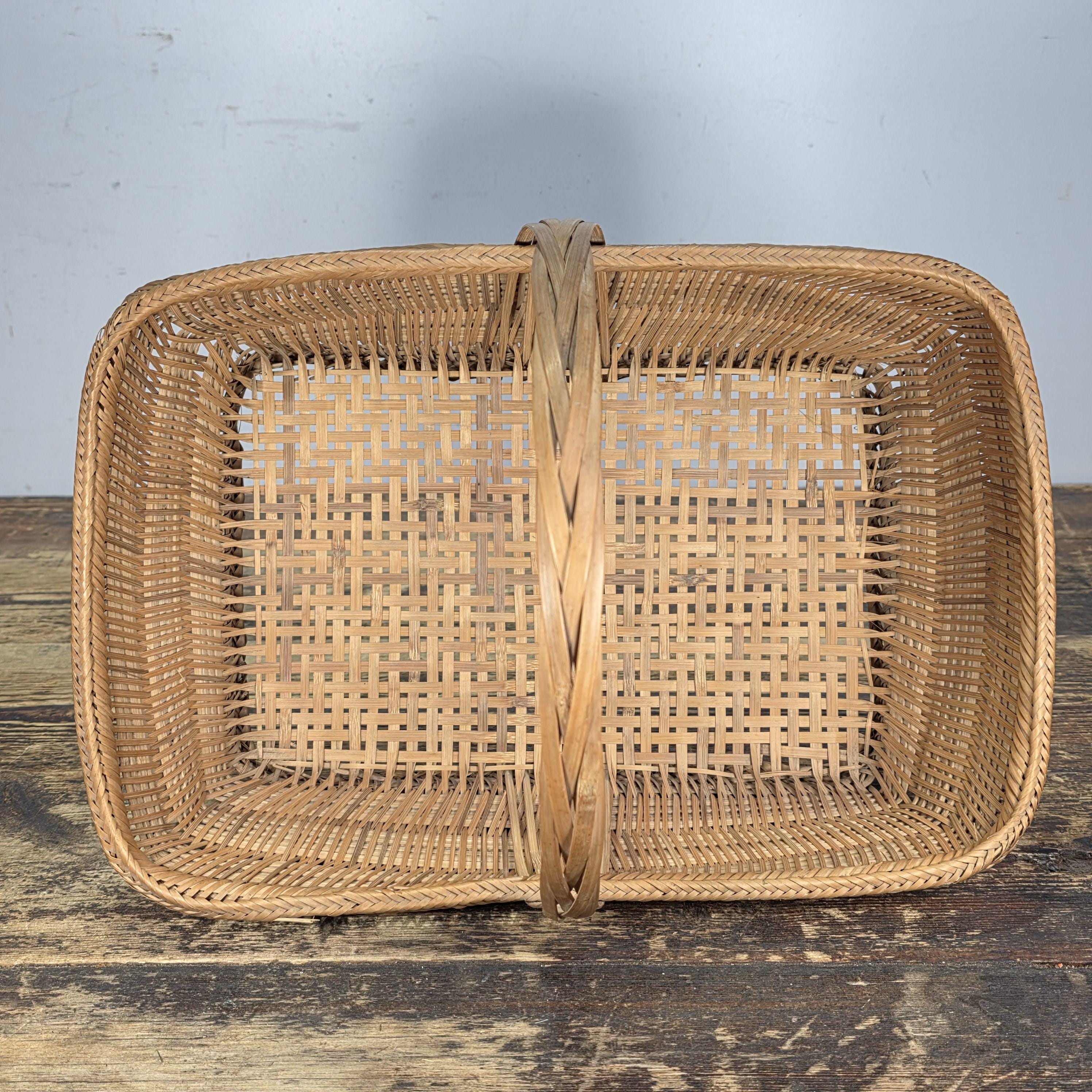 Vintage Handwoven Rectangular Wicker Basket with Handle 14.25"L × 9.5"W