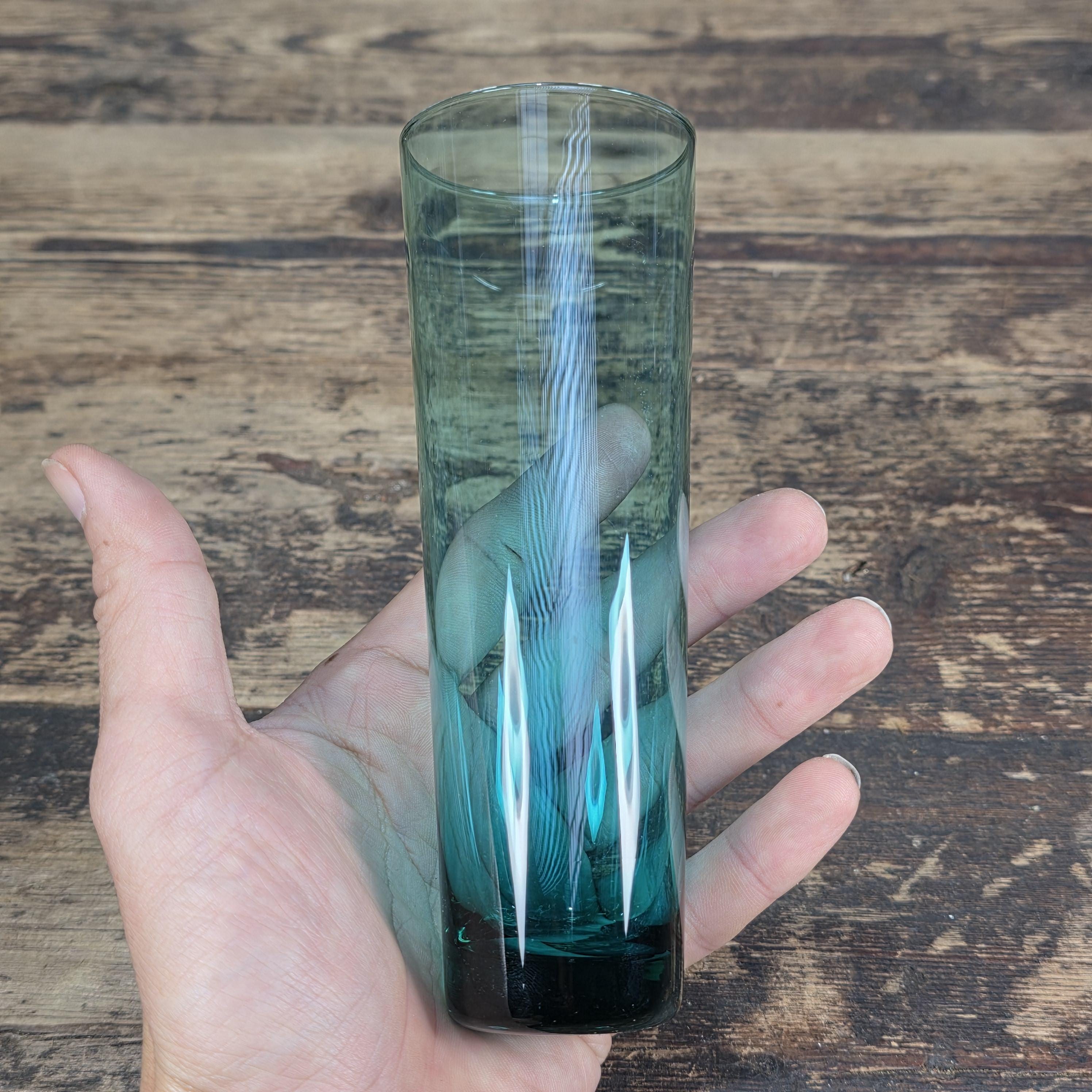 Vintage Hand Blown Aqua Blue Glass Tumbler — Mid-Century Modern Style 6.25"H