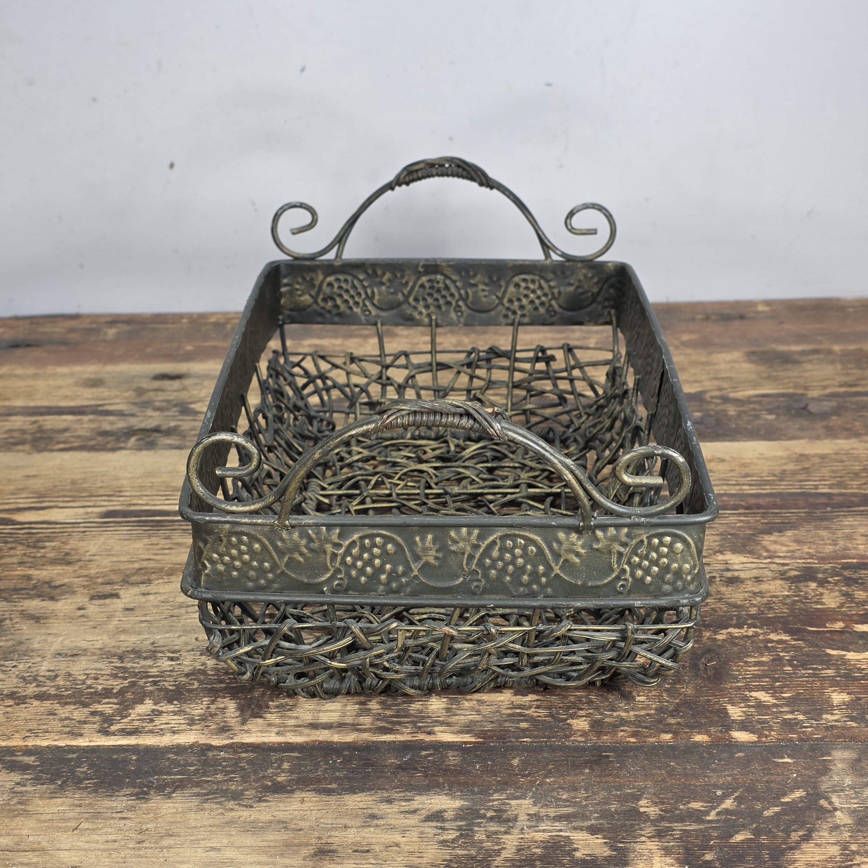 Vintage Bronze Tone Metal & Wicker Rectangular Basket with Handles