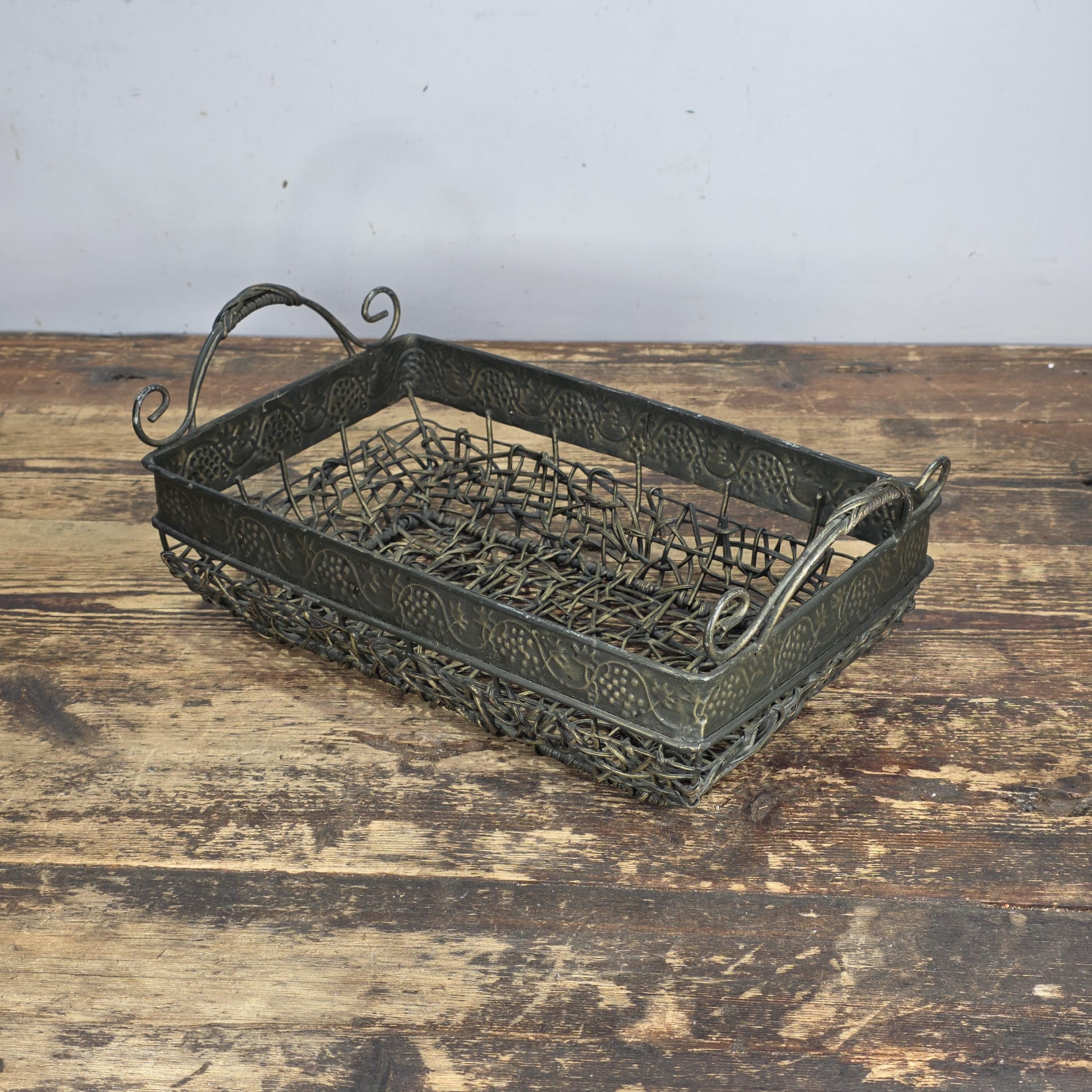 Vintage Bronze Tone Metal & Wicker Rectangular Basket with Handles