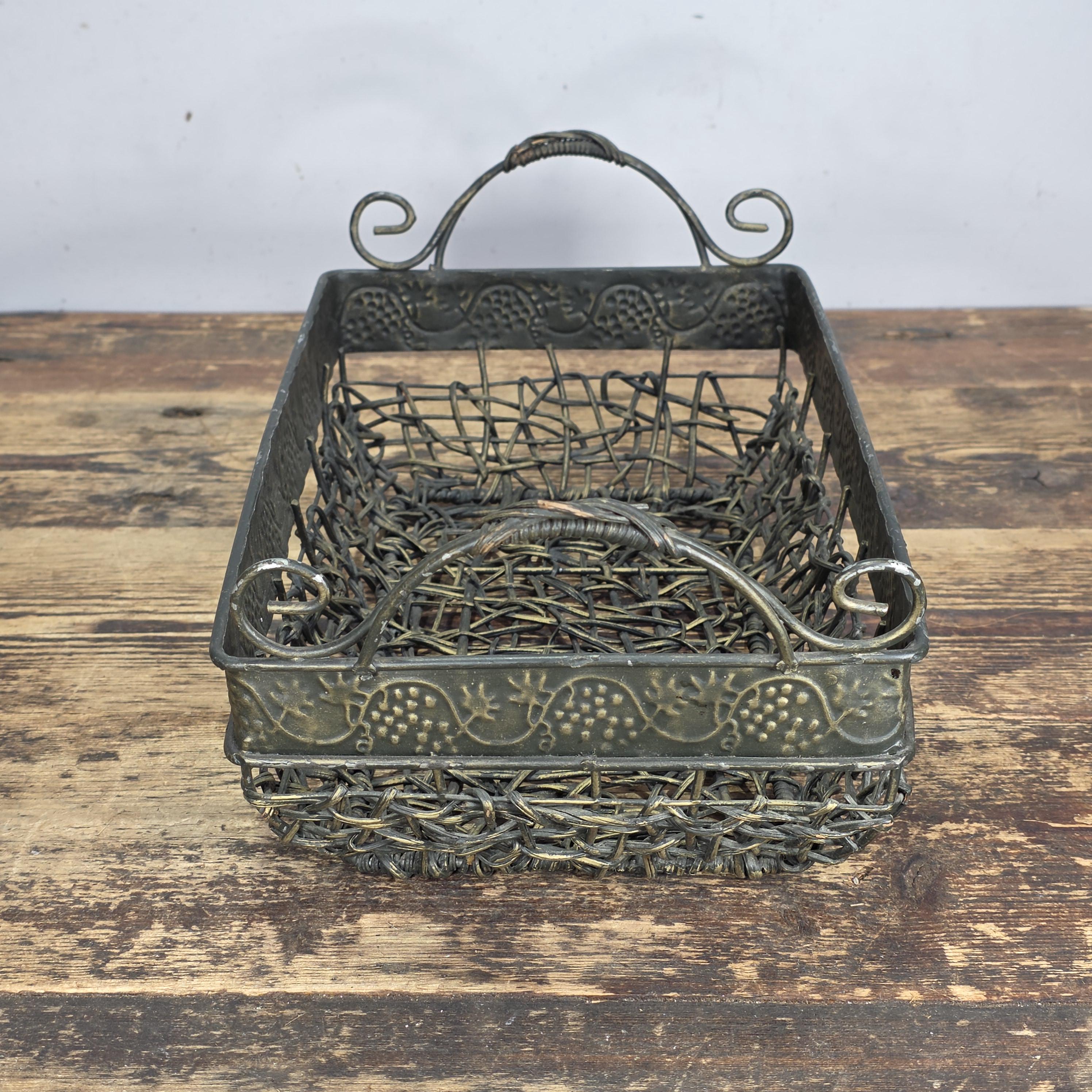 Vintage Bronze Tone Metal & Wicker Rectangular Basket with Handles
