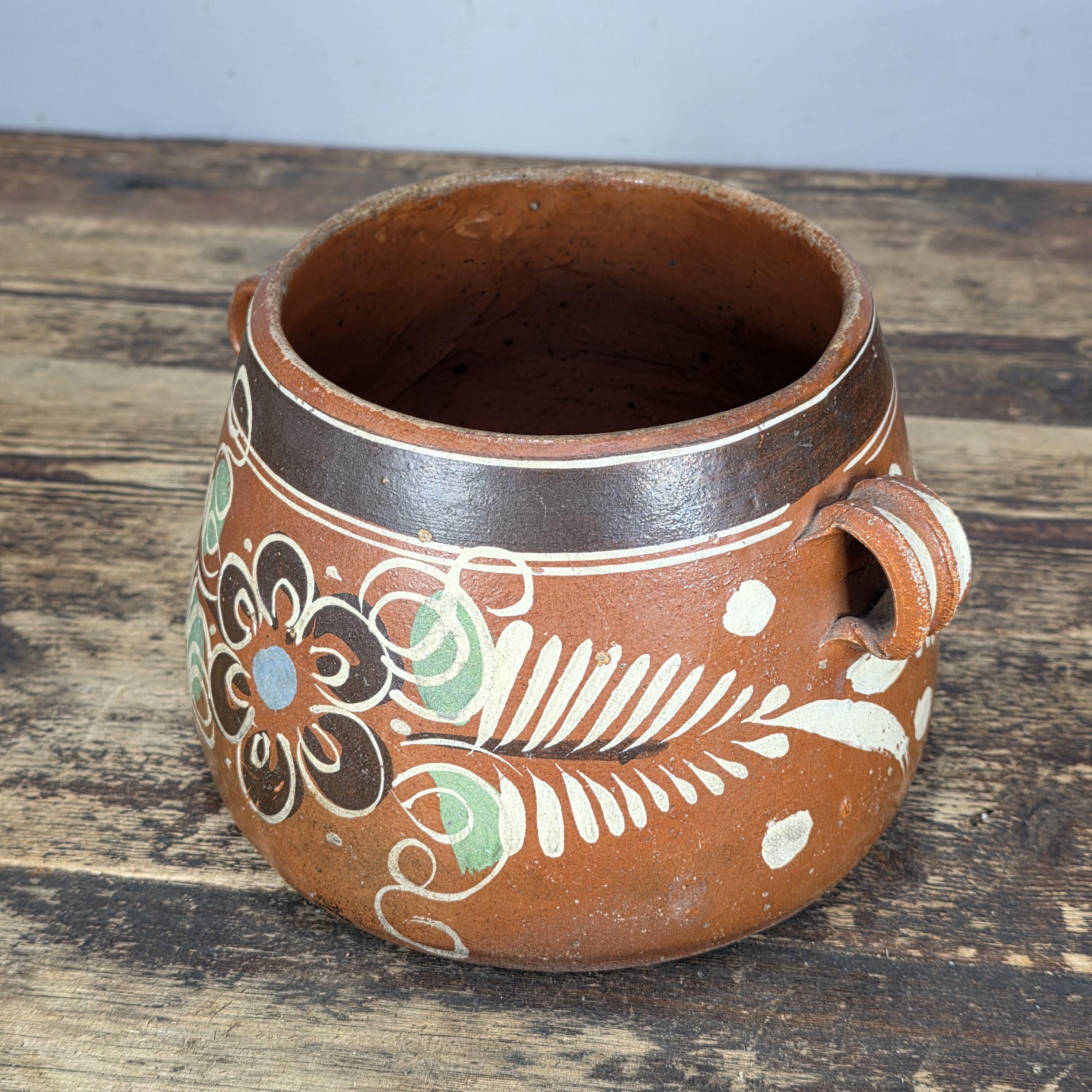 Vintage Mexican Hand-Painted Terracotta Storage Jar/ Folk Art Pottery