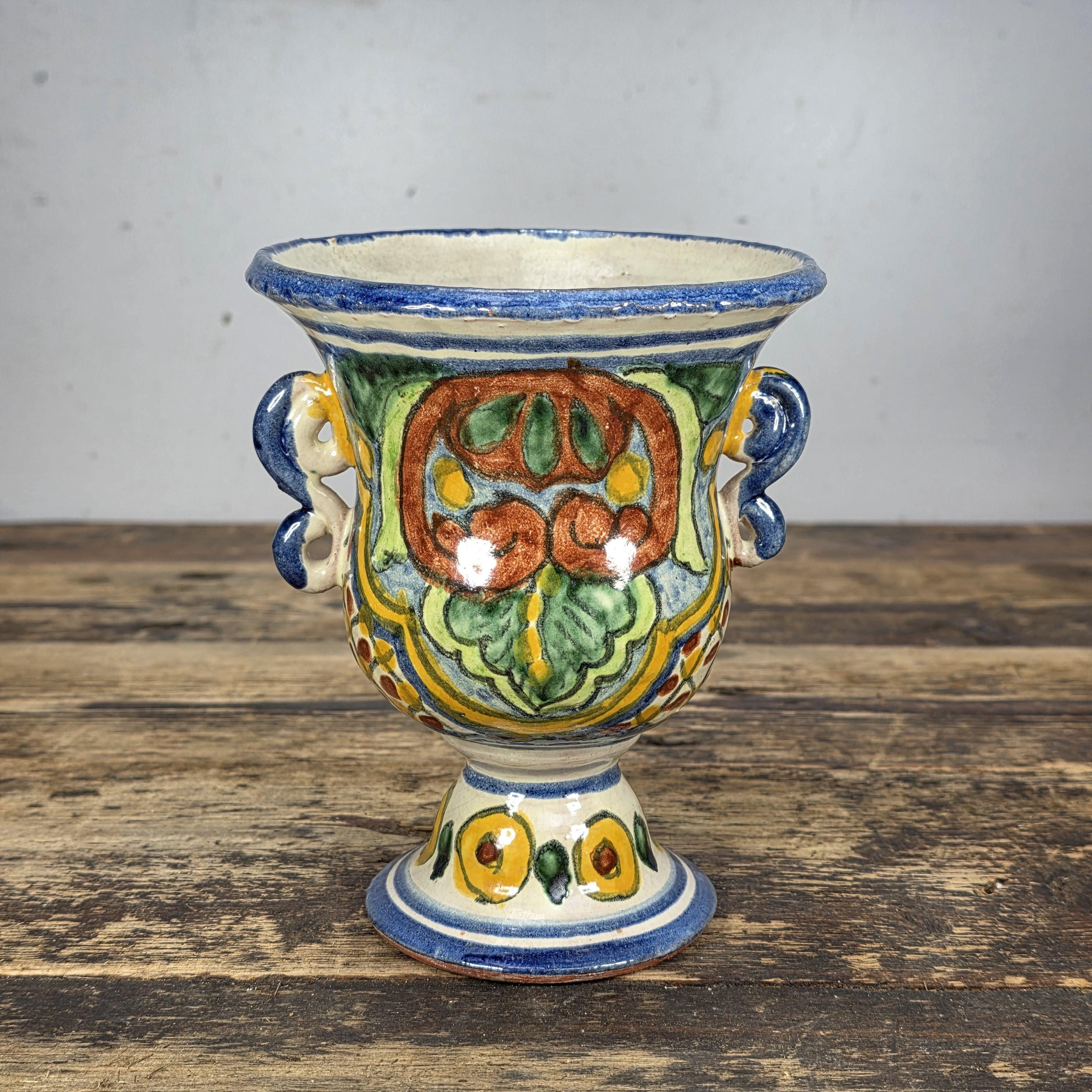 Vintage Mexican Talavera Hand-Painted Chalice Vase / Goblet Form Pottery