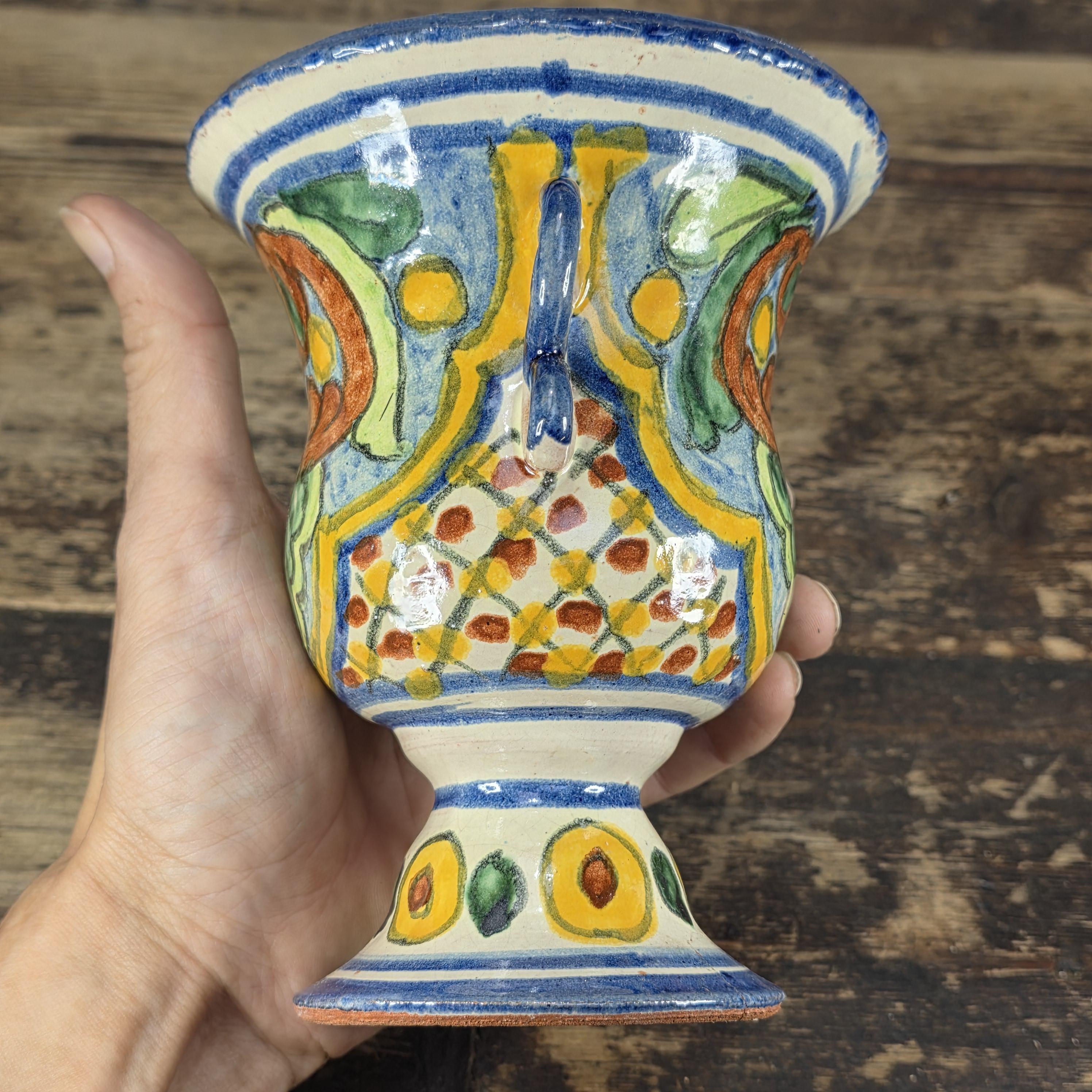 Vintage Mexican Talavera Hand-Painted Chalice Vase / Goblet Form Pottery