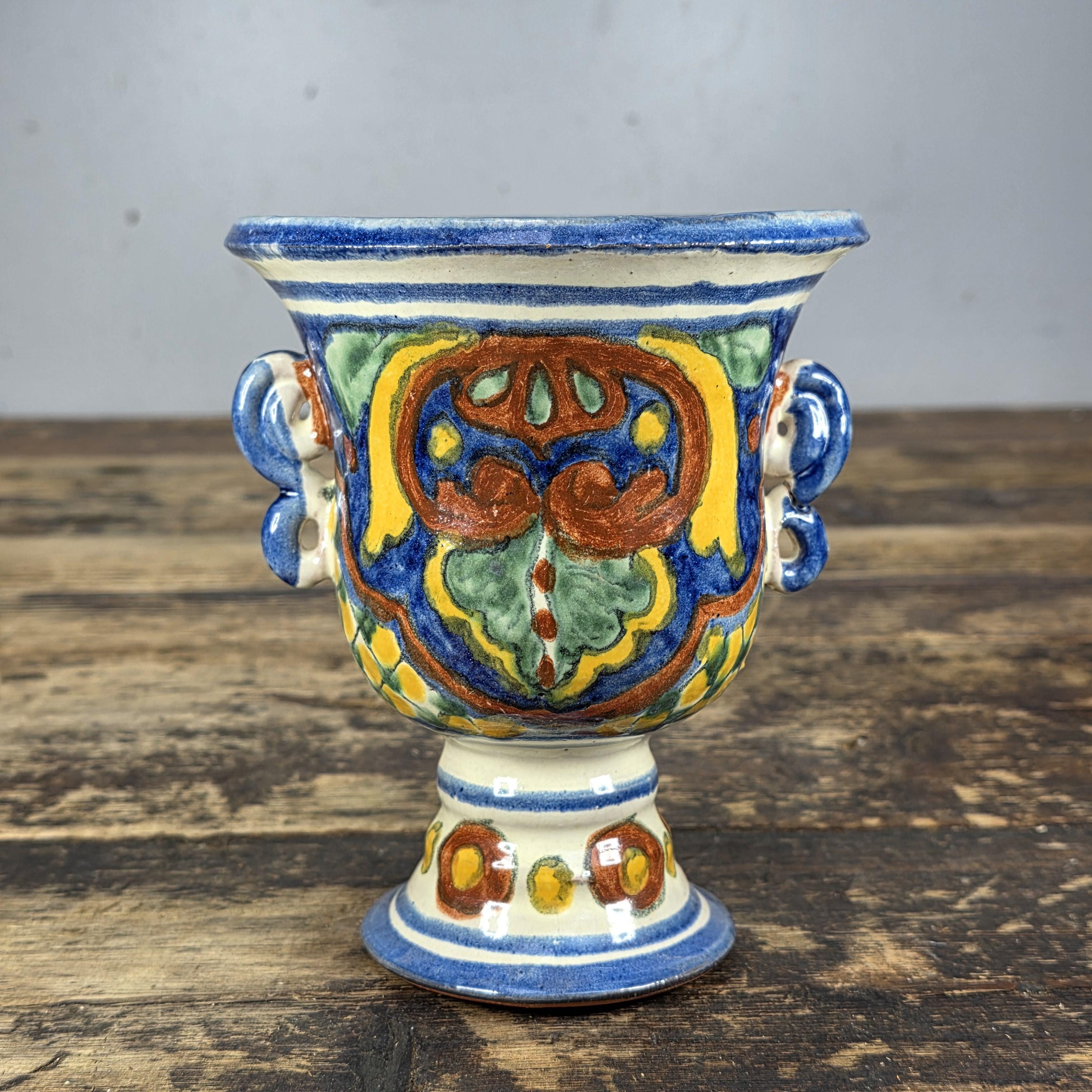 Vintage Mexican Talavera Hand-Painted Chalice Vase / Goblet Form Pottery