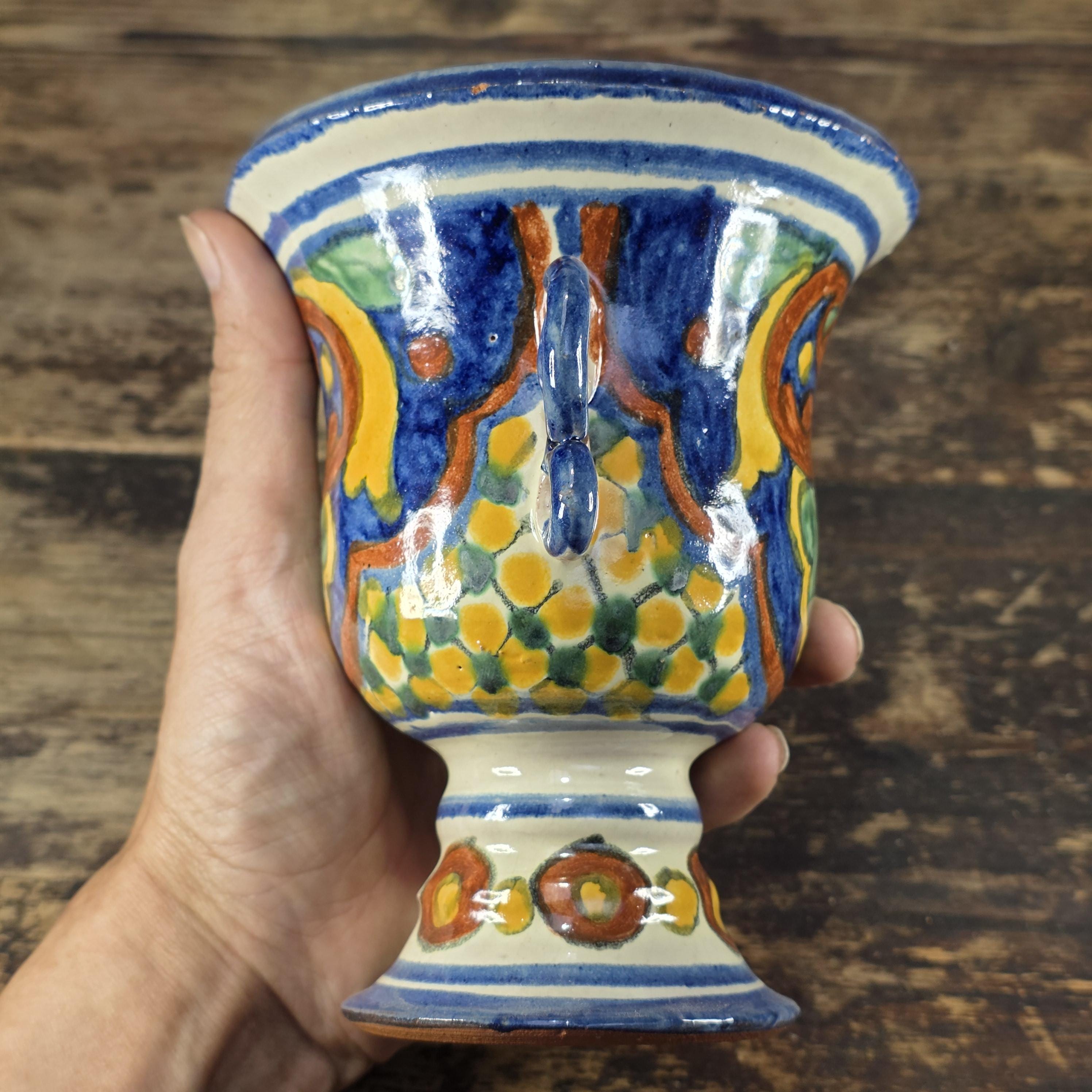 Vintage Mexican Talavera Hand-Painted Chalice Vase / Goblet Form Pottery