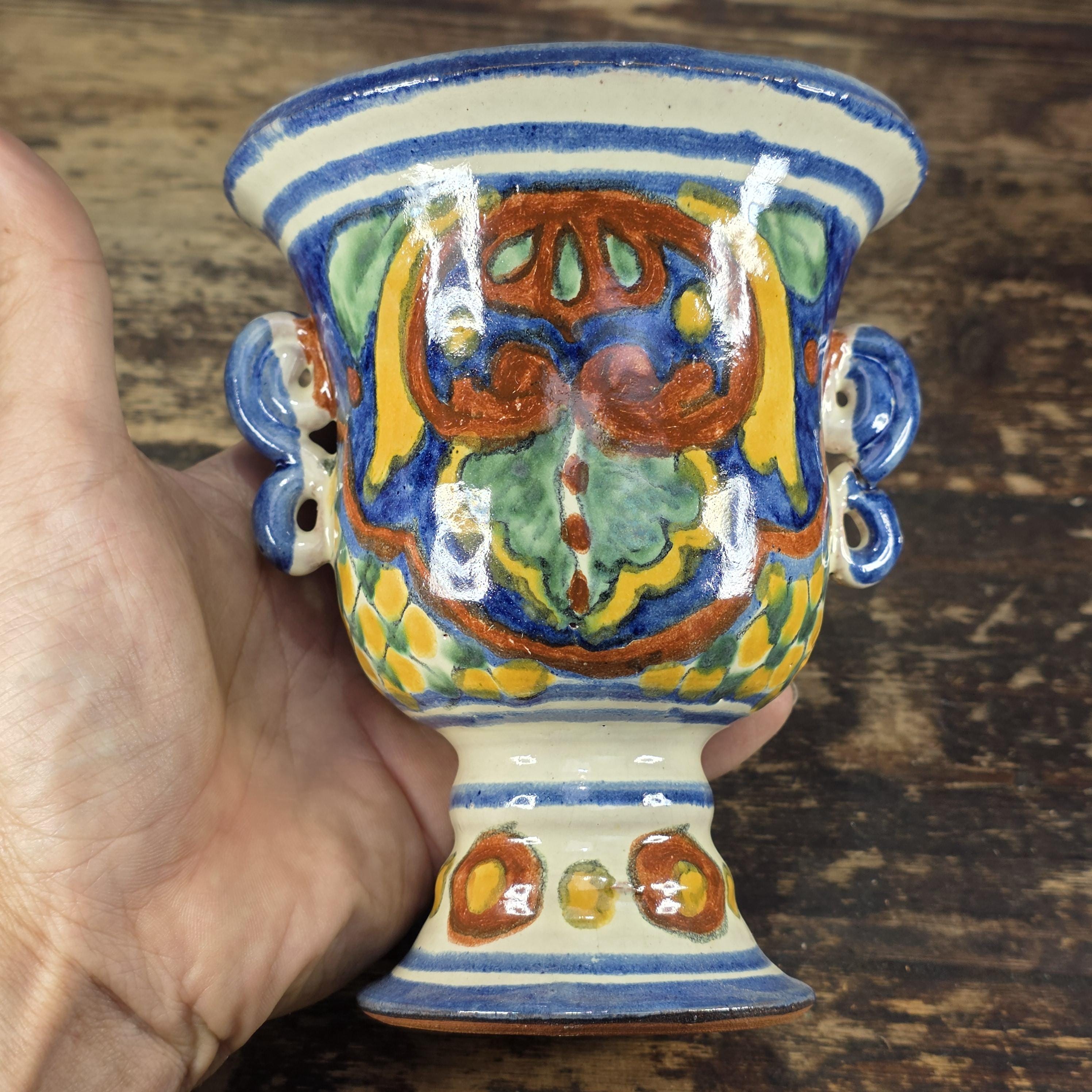 Vintage Mexican Talavera Hand-Painted Chalice Vase / Goblet Form Pottery