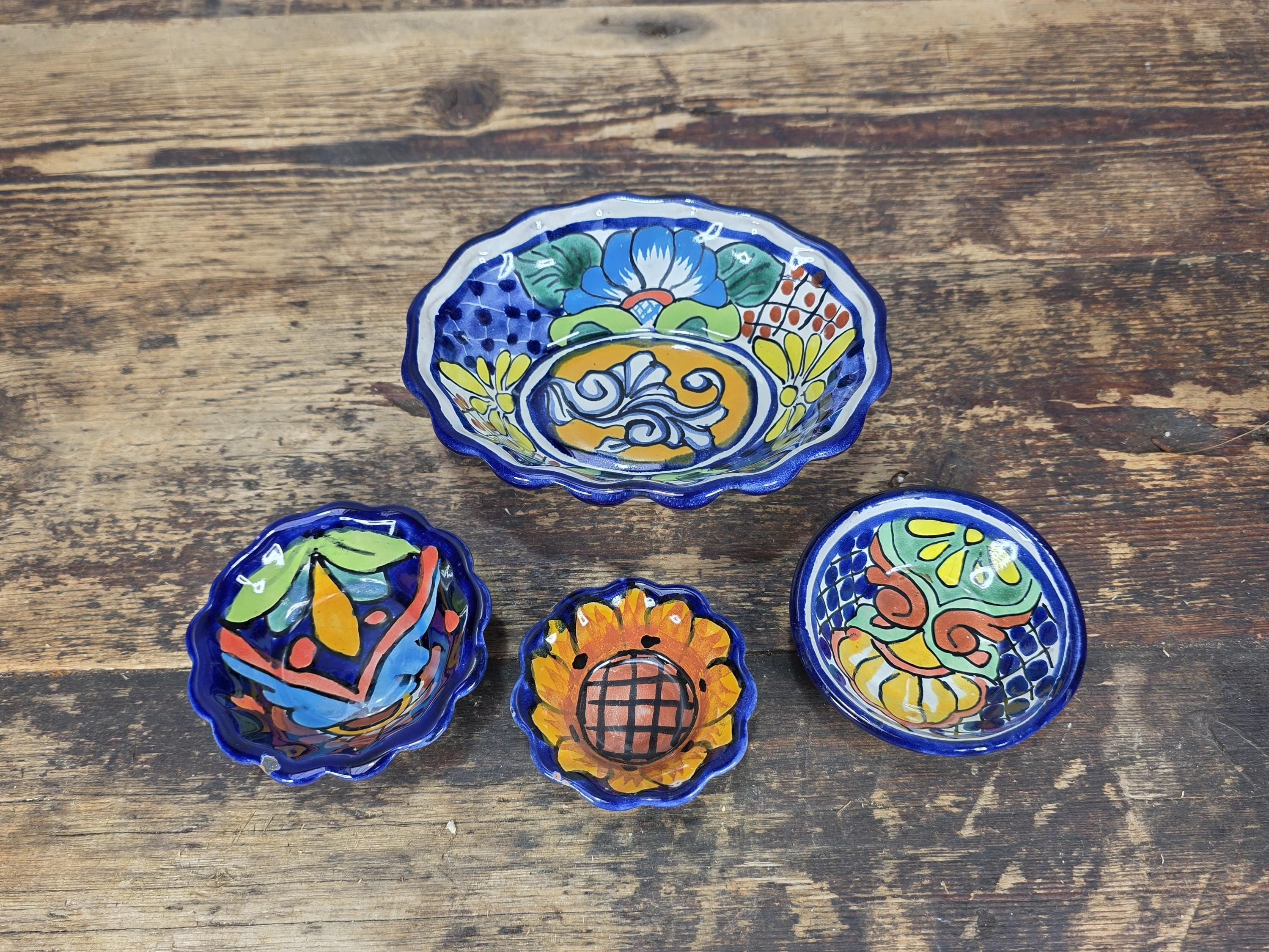 Hand Painted Talavera Small Bowls Set, Mexican Folk Art Pottery (4pcs)