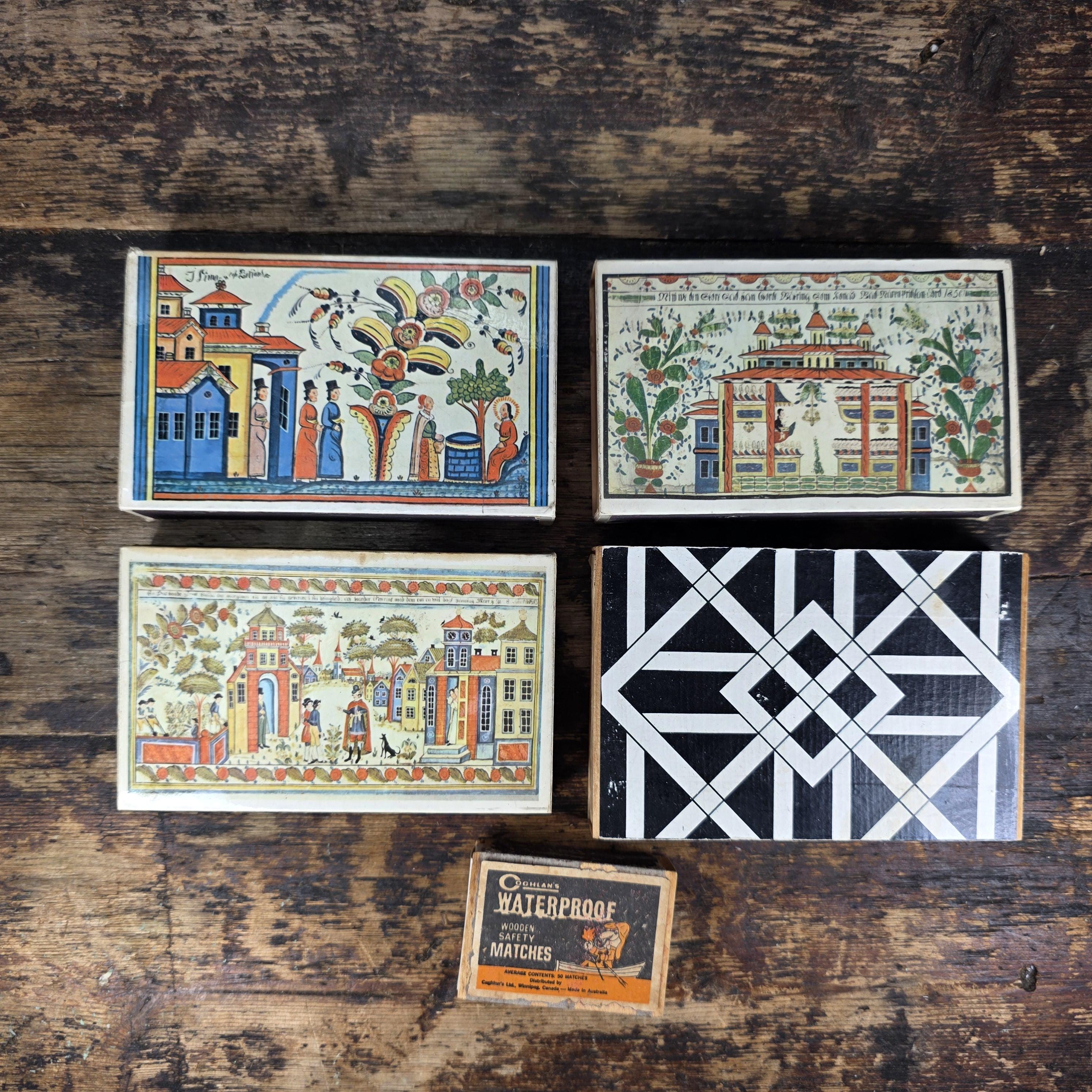 Vintage Matchbox Set, Swedish Folk Art & Coghlan’s Waterproof, 1960s–70s
