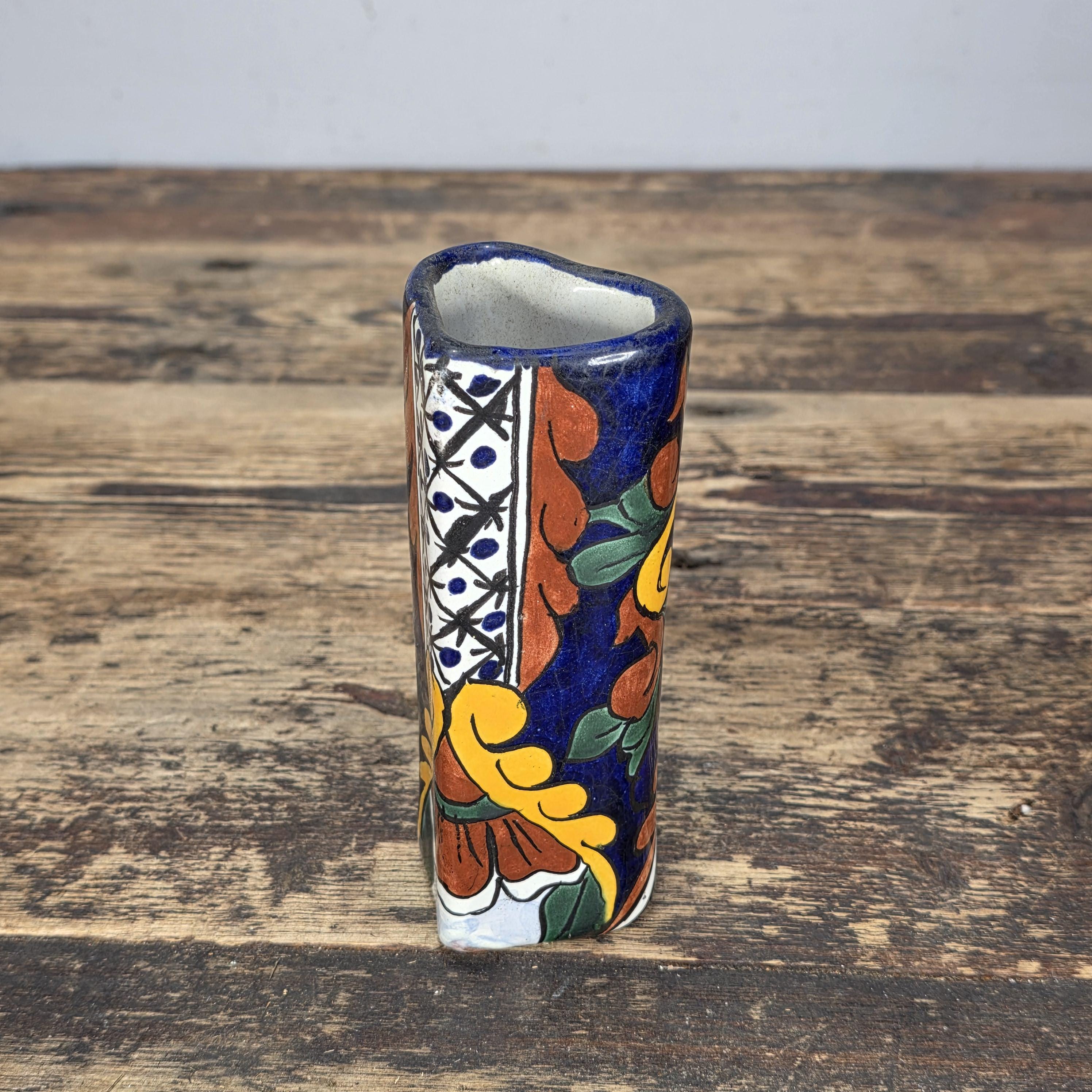 Vintage Talavera Mexico Heart Vase – Hand Painted Folk Art Ceramic 5.5"H