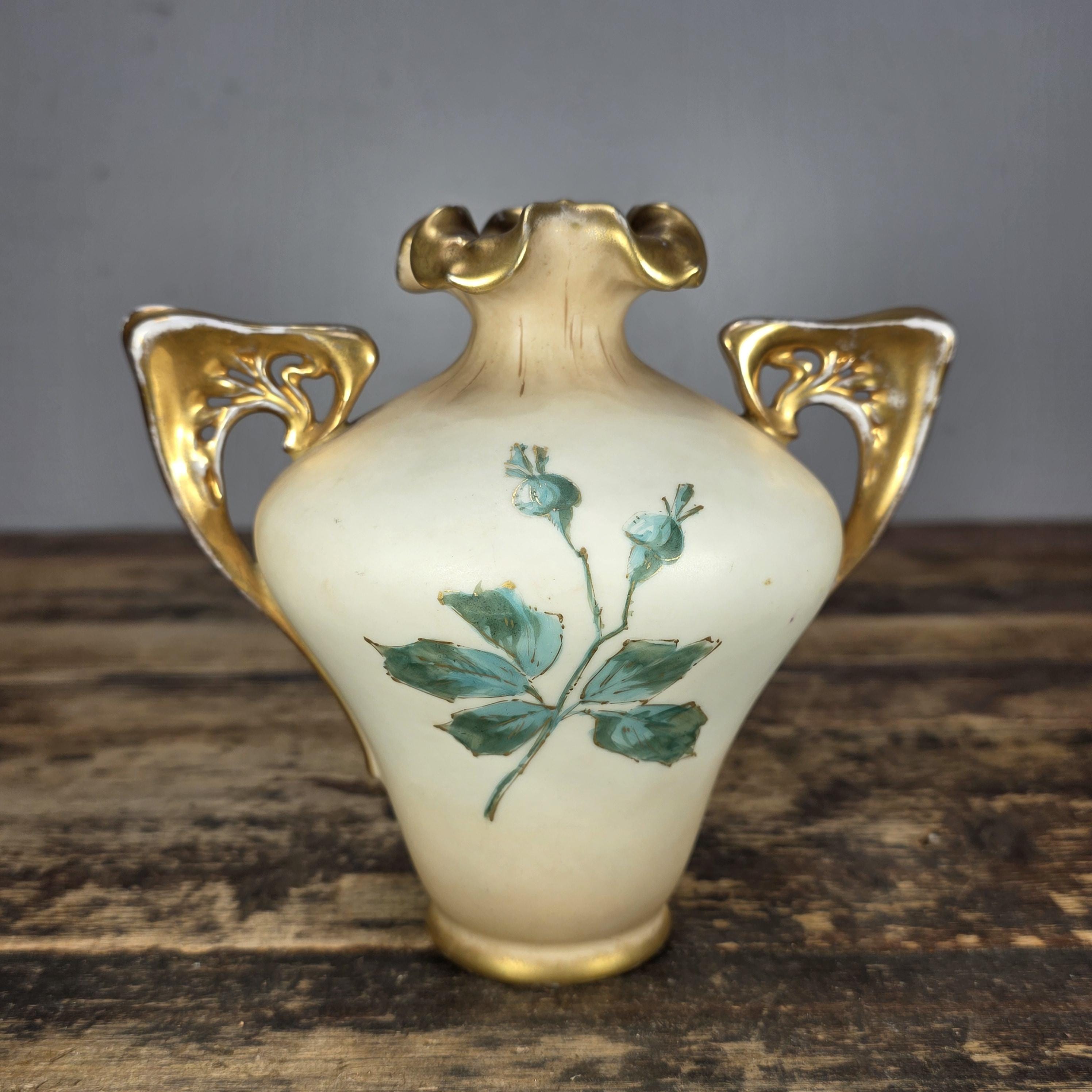 Antique RStK Bohemia Amphora Style Vase Hand Painted Roses Gold Austria c.1900