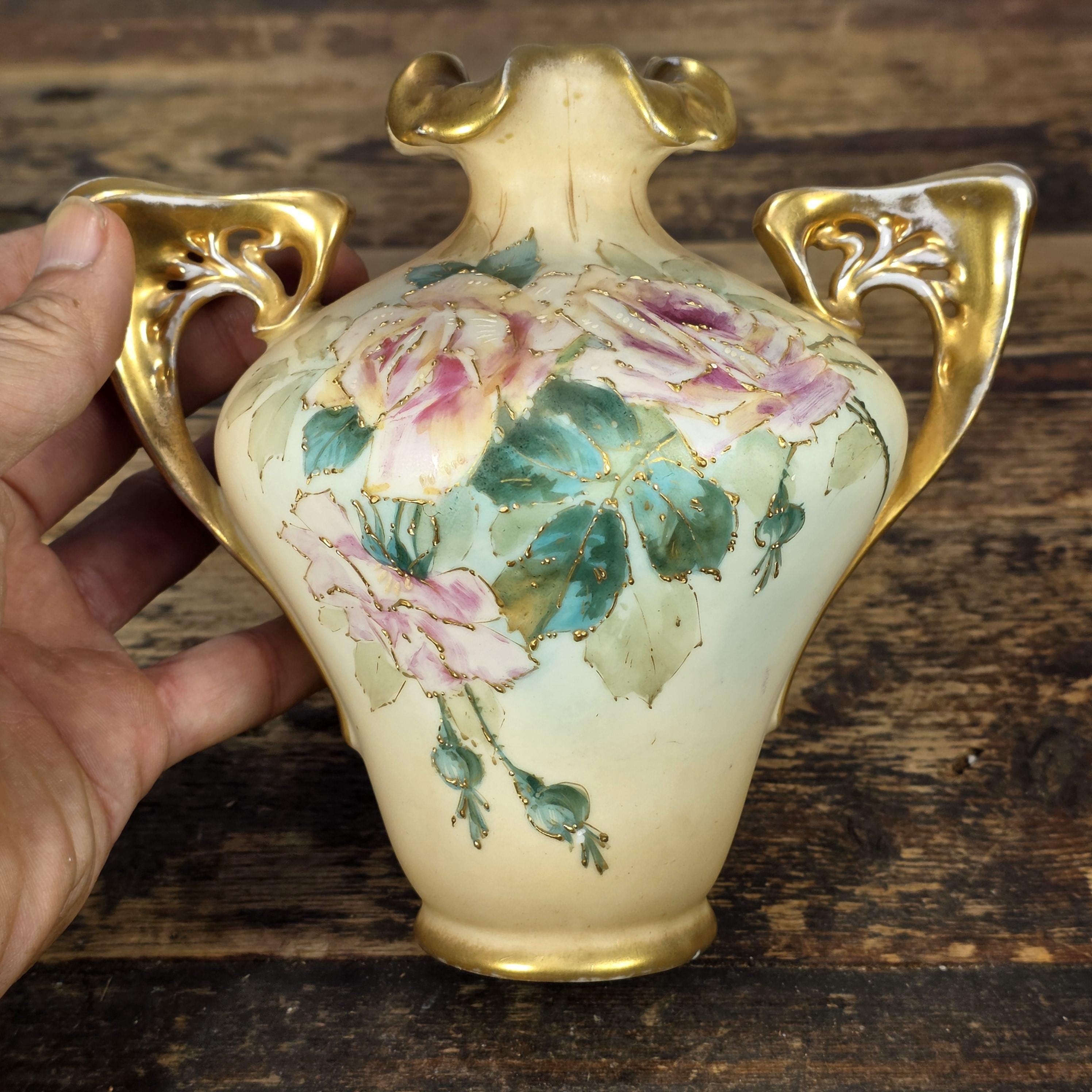 Antique RStK Bohemia Amphora Style Vase Hand Painted Roses Gold Austria c.1900