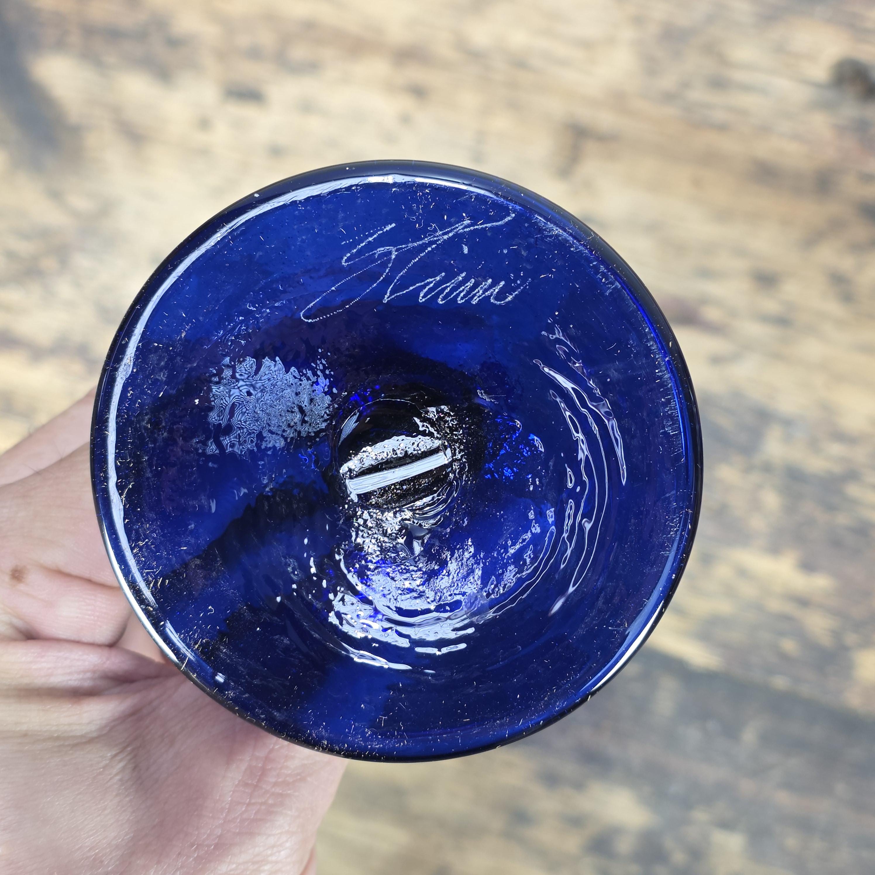 Set of 5 Rick Strini Art Glass Goblets Iridescent & Cobalt Blue Signed c.1970s