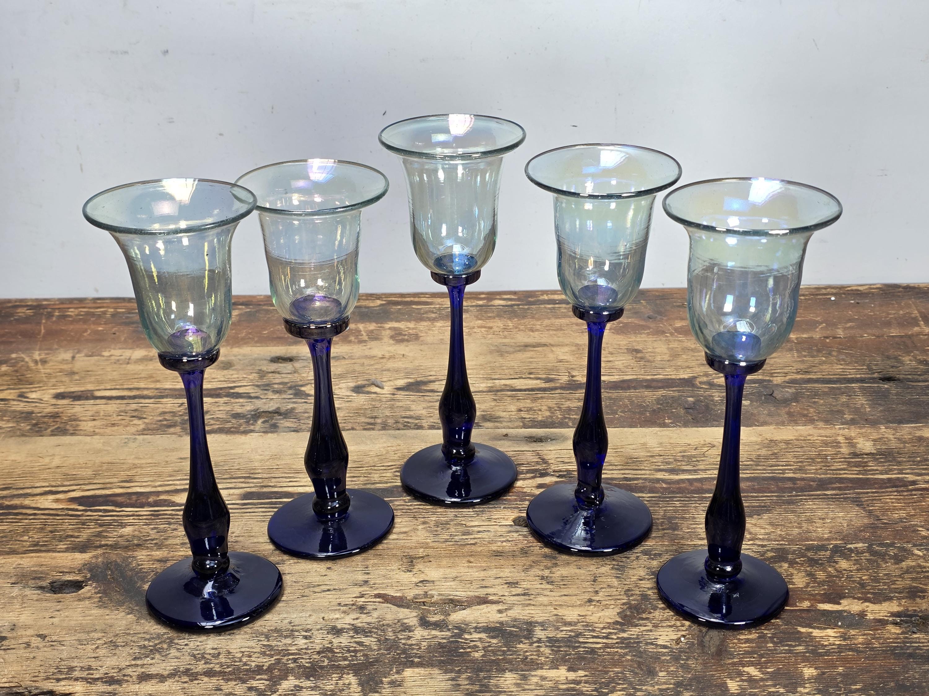 Set of 5 Rick Strini Art Glass Goblets Iridescent & Cobalt Blue Signed c.1970s