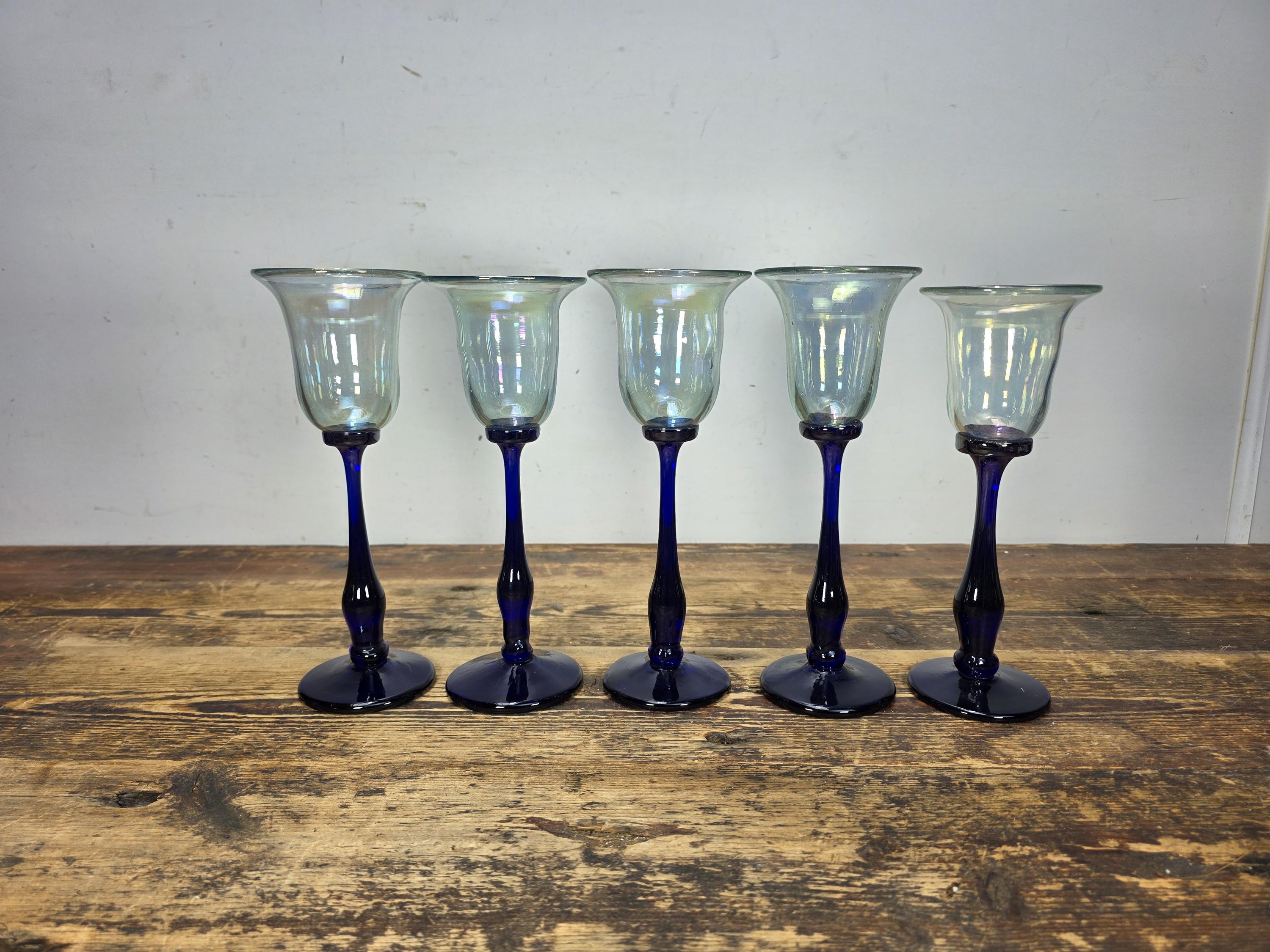 Set of 5 Rick Strini Art Glass Goblets Iridescent & Cobalt Blue Signed c.1970s
