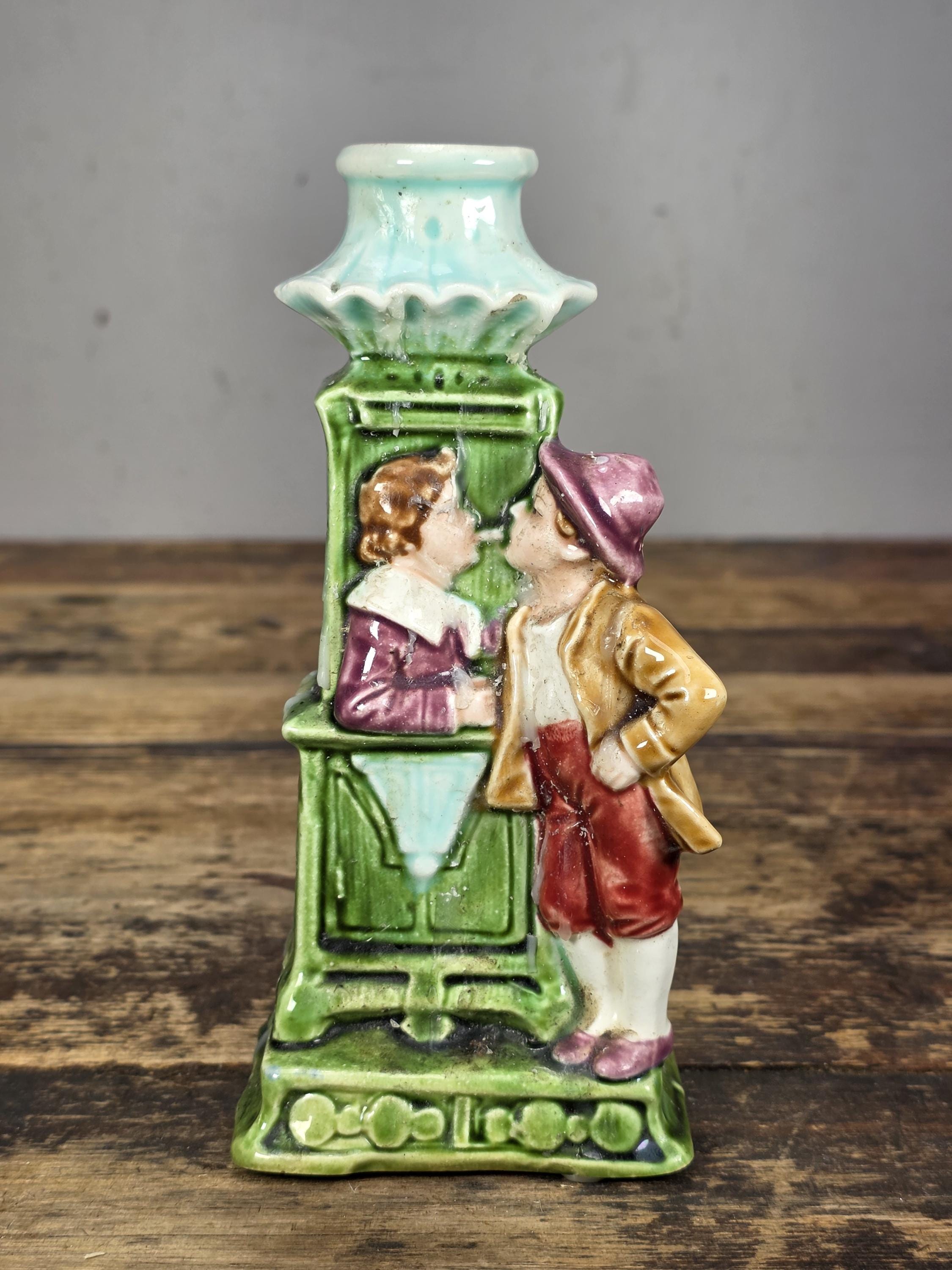Antique German Majolica Figural Candle Holder Lovers Smoking Scene c.1900s