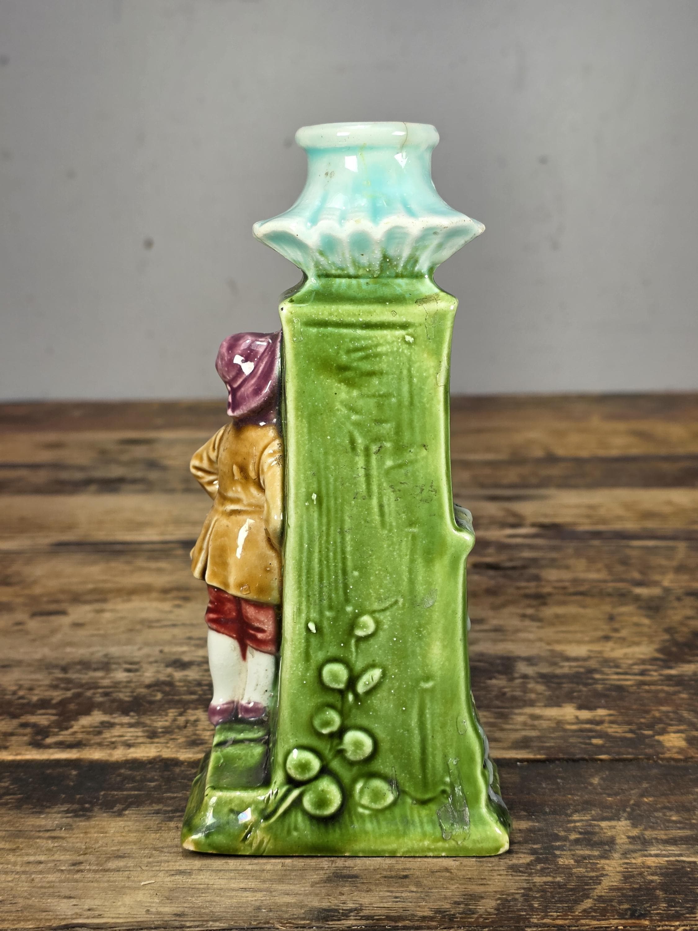 Antique German Majolica Figural Candle Holder Lovers Smoking Scene c.1900s