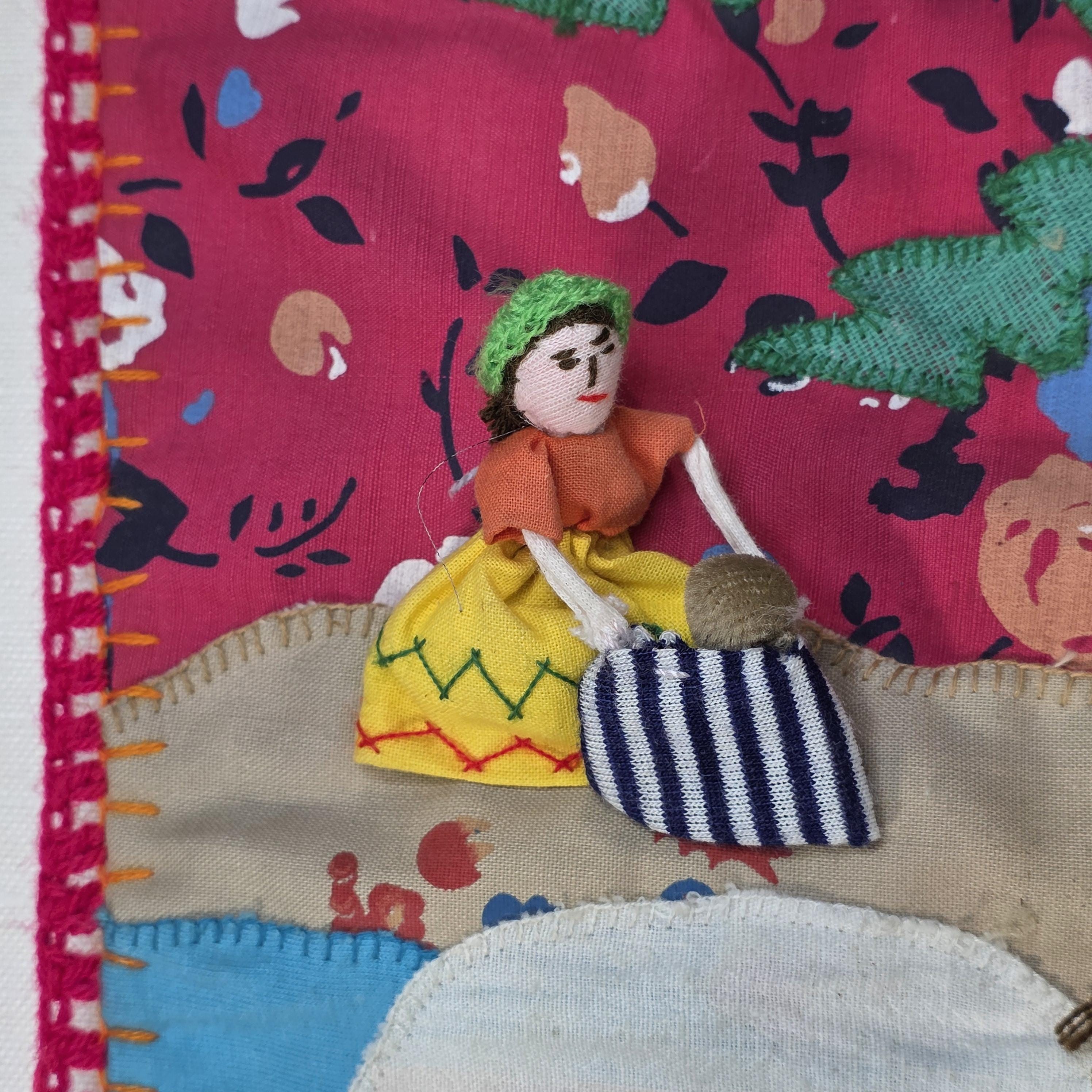 Vintage Peruvian Arpillera Wall Embroidery Textile Art “Cosecha de …” 19"x17"