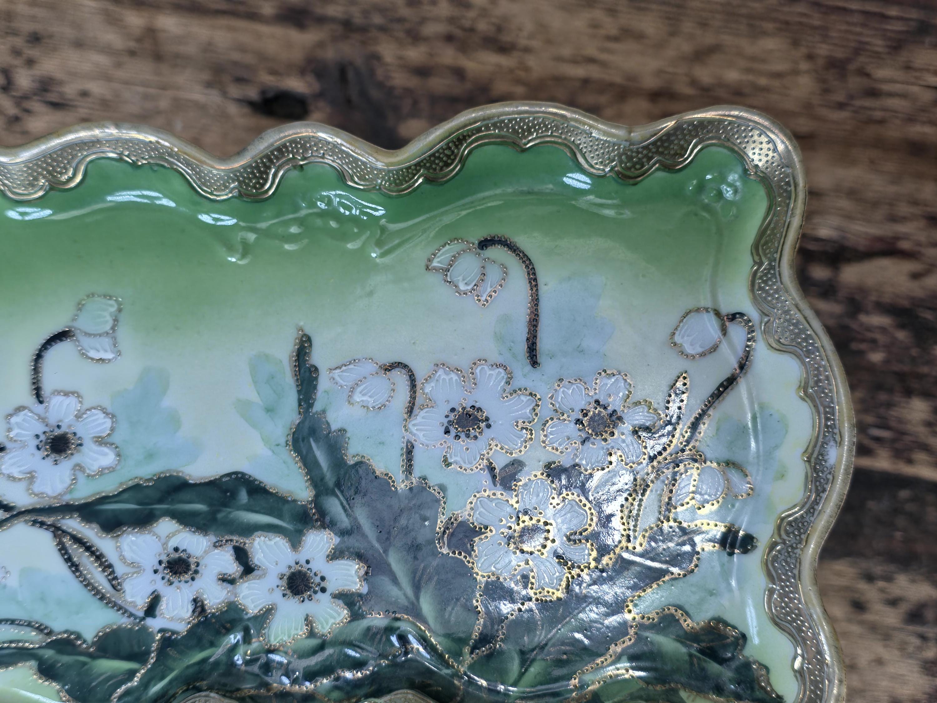 Hand Painted Nippon Style Moriage Tray, Floral Gold Gilt Porcelain 8.25" × 5.25"