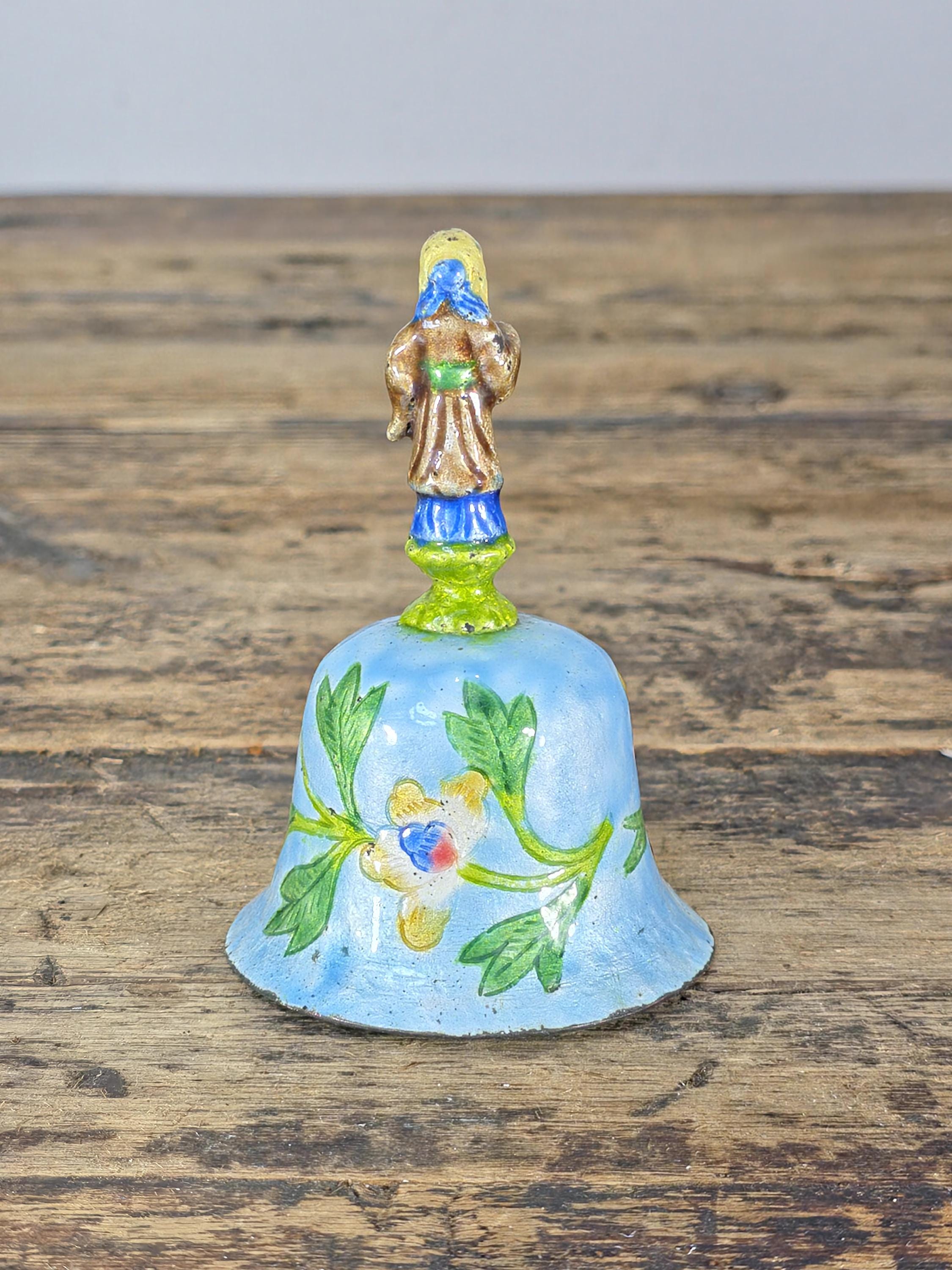 Vintage Hand Painted Enamel Metal Bell with Figure Handle, Marked CHINA